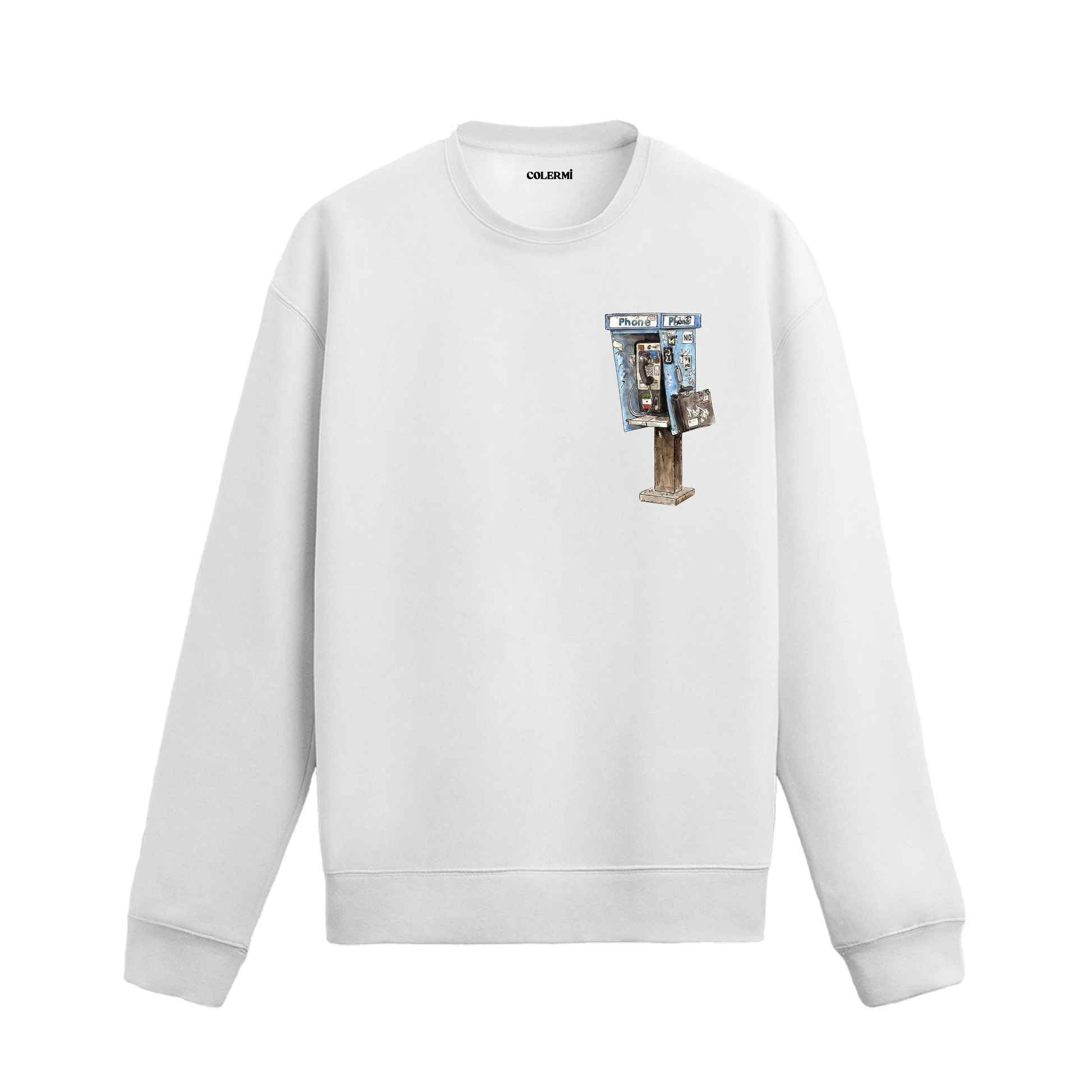 Retro telefon kulübesi ve çanta detaylı sweatshirt tasarımı.