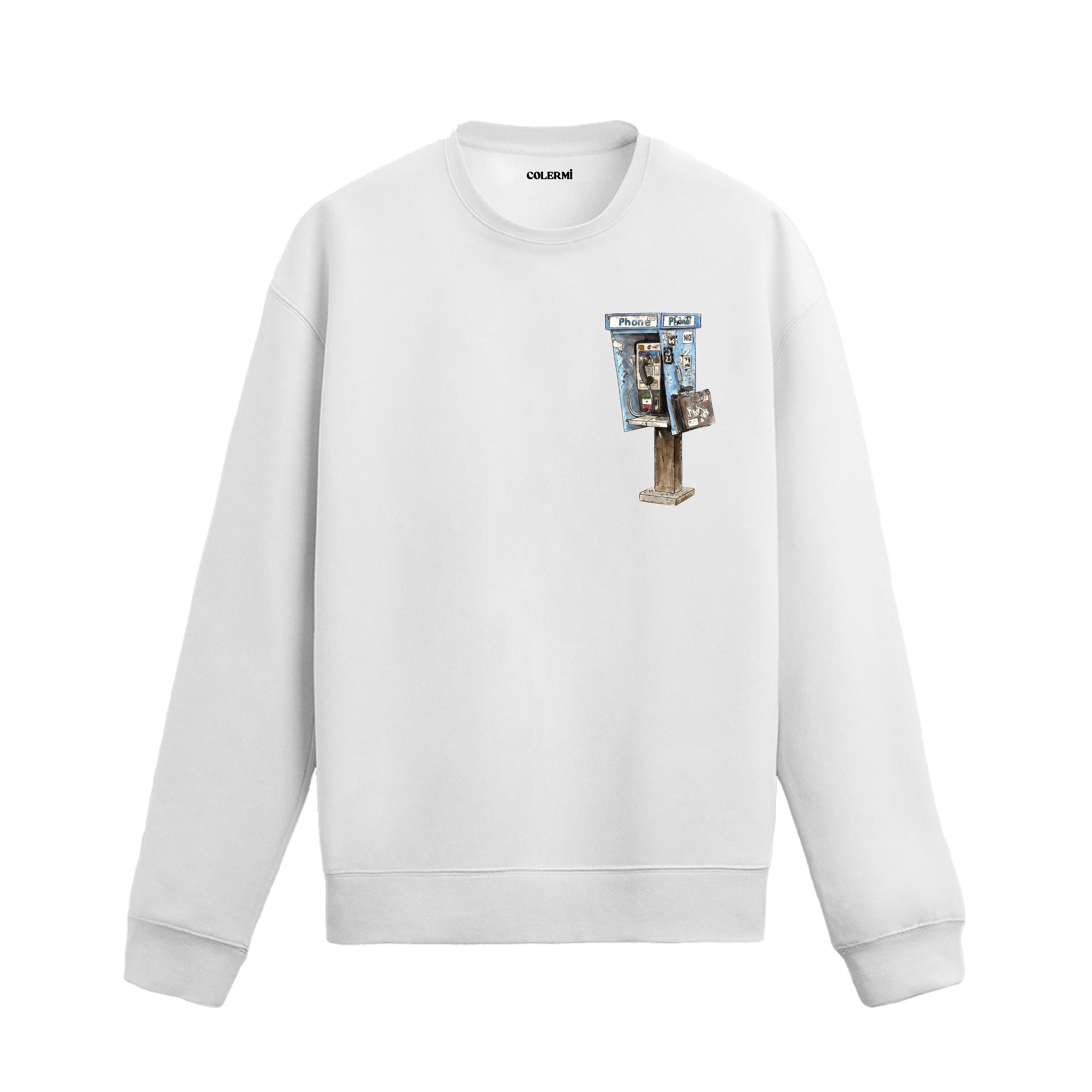 Retro telefon kulübesi ve çanta detaylı sweatshirt tasarımı.
