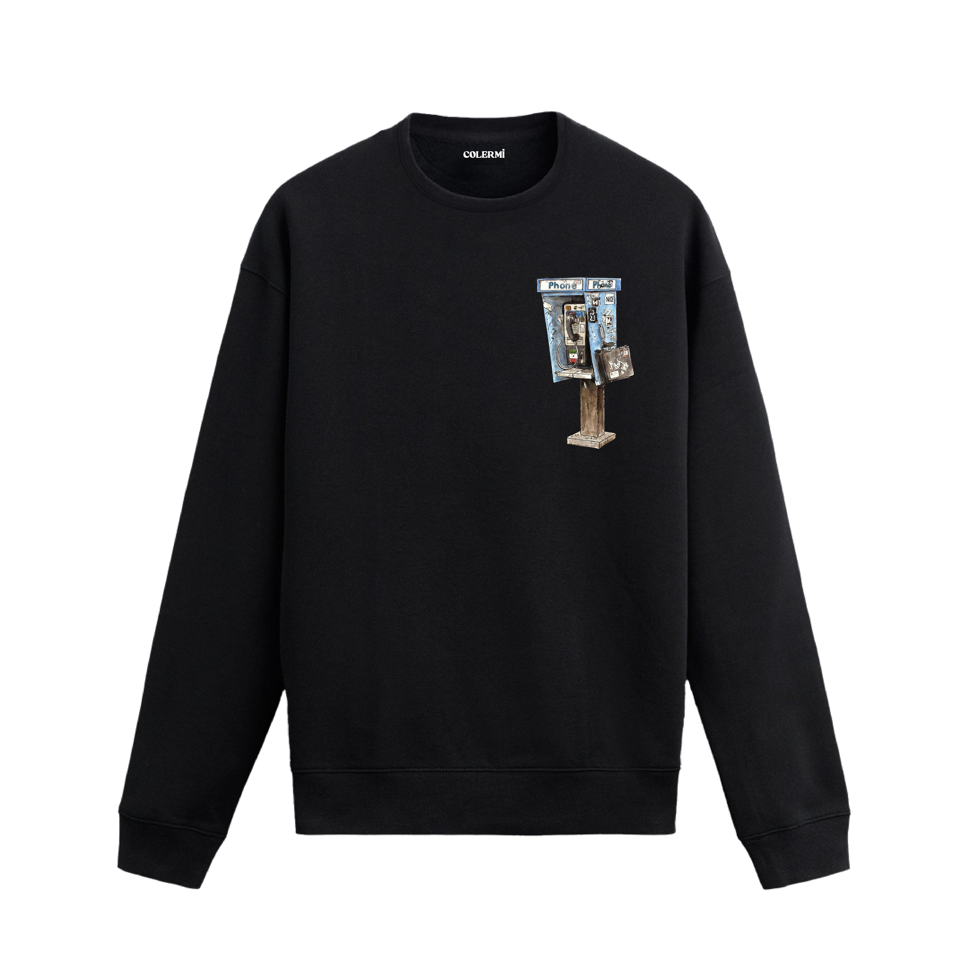 Retro telefon kulübesi ve çanta detaylı sweatshirt tasarımı.