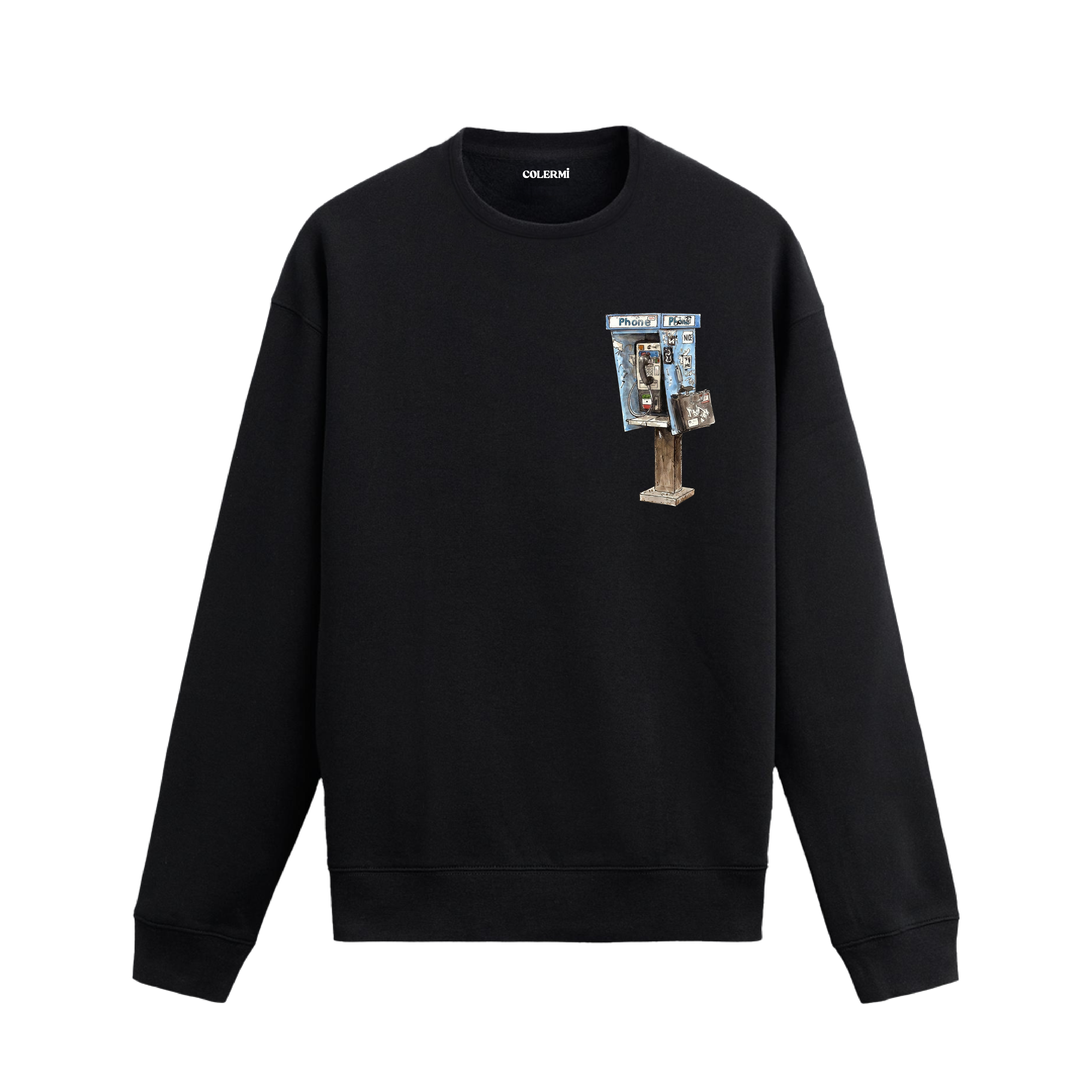 Retro telefon kulübesi ve çanta detaylı sweatshirt tasarımı.