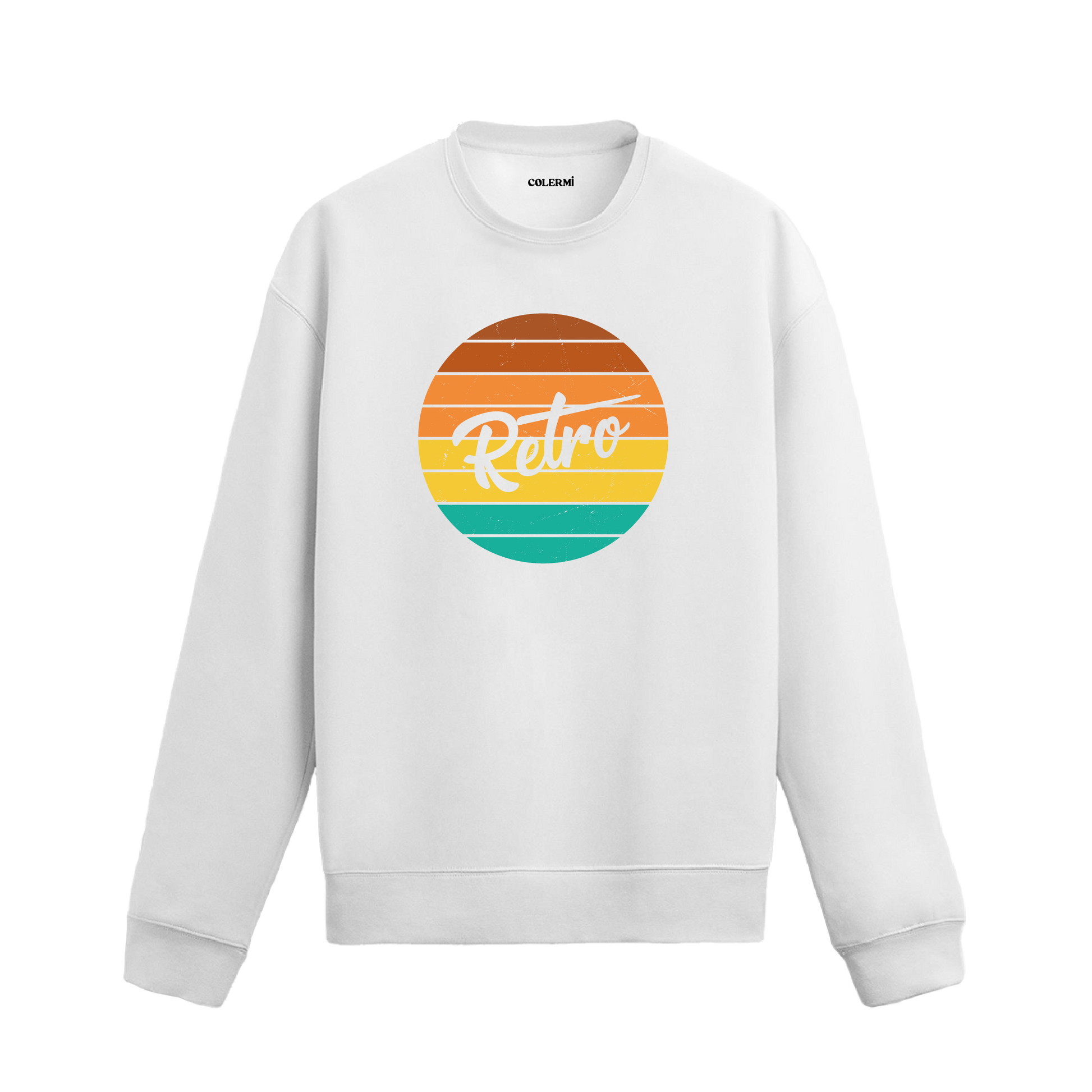 Renkli çizgilerden oluşan daire içinde “Retro” yazısı bulunan baskıya sahip beyaz sweatshirt.