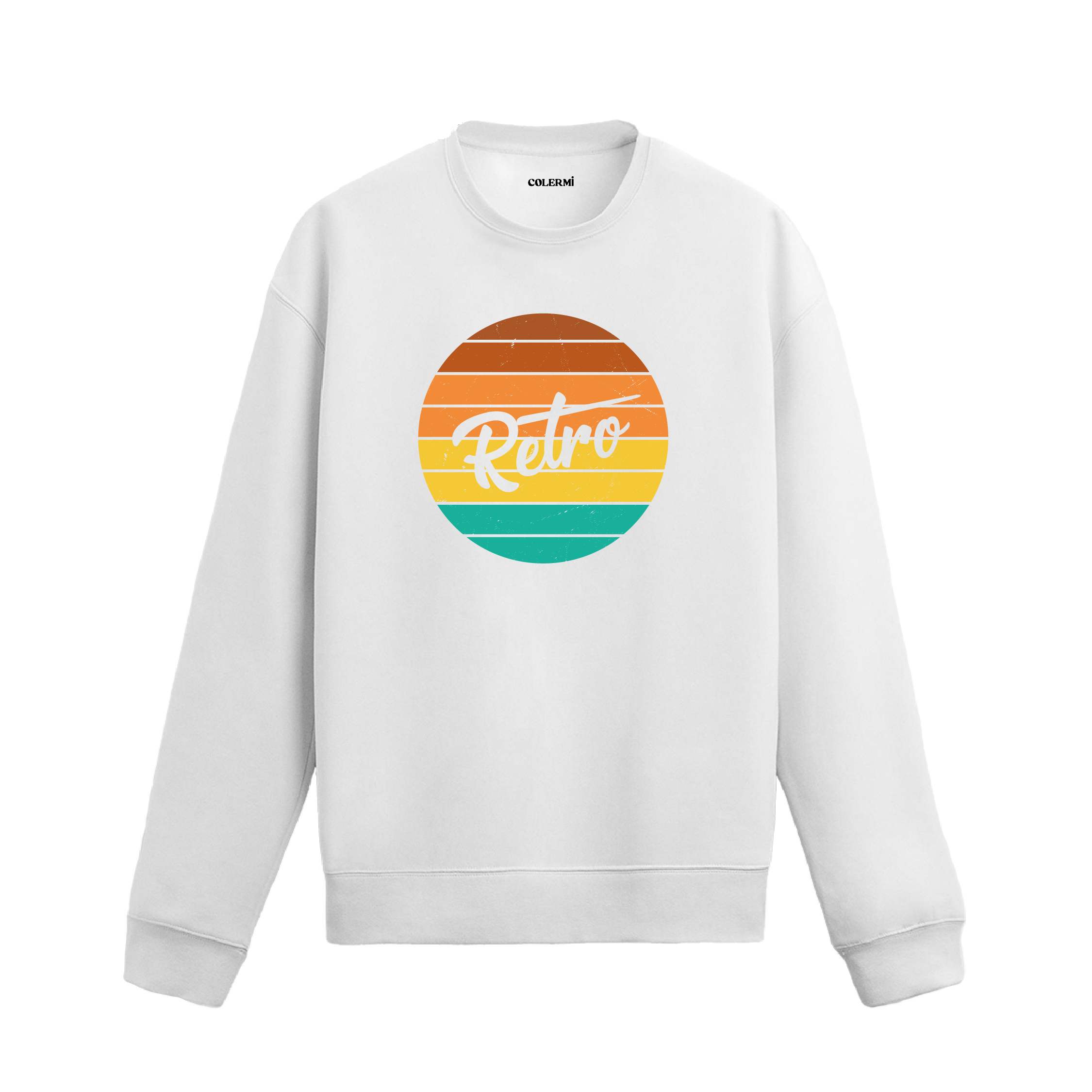 Renkli çizgilerden oluşan daire içinde “Retro” yazısı bulunan baskıya sahip beyaz sweatshirt.