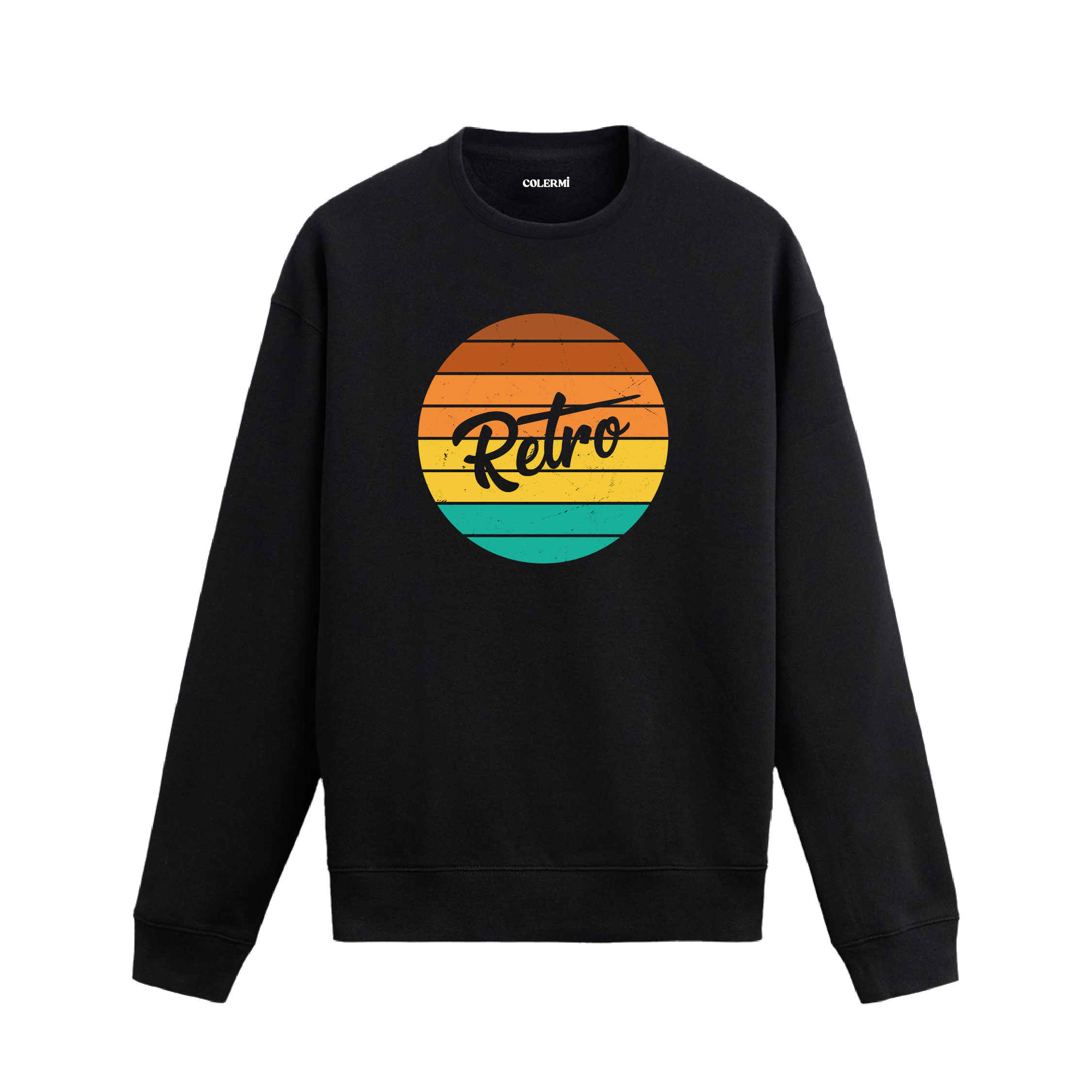Renkli çizgilerden oluşan daire içinde “Retro” yazısı bulunan baskıya sahip siyah sweatshirt.