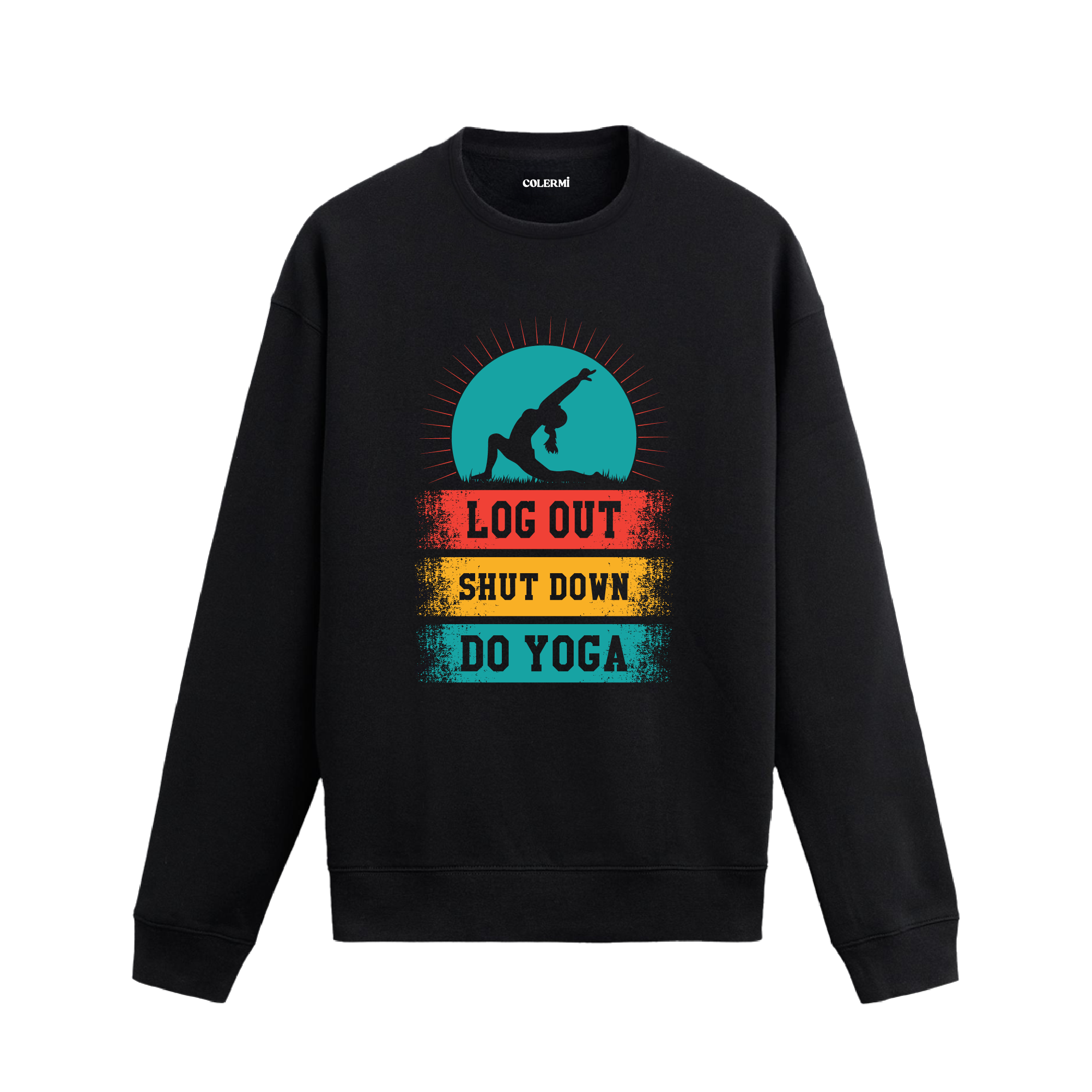 Yoga temalı retro baskılı sweatshirt, “Çıkış Yap, Kapat, Yoga Yap” yazılı.