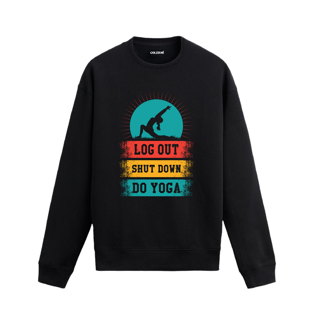 Yoga temalı retro baskılı sweatshirt, “Çıkış Yap, Kapat, Yoga Yap” yazılı.