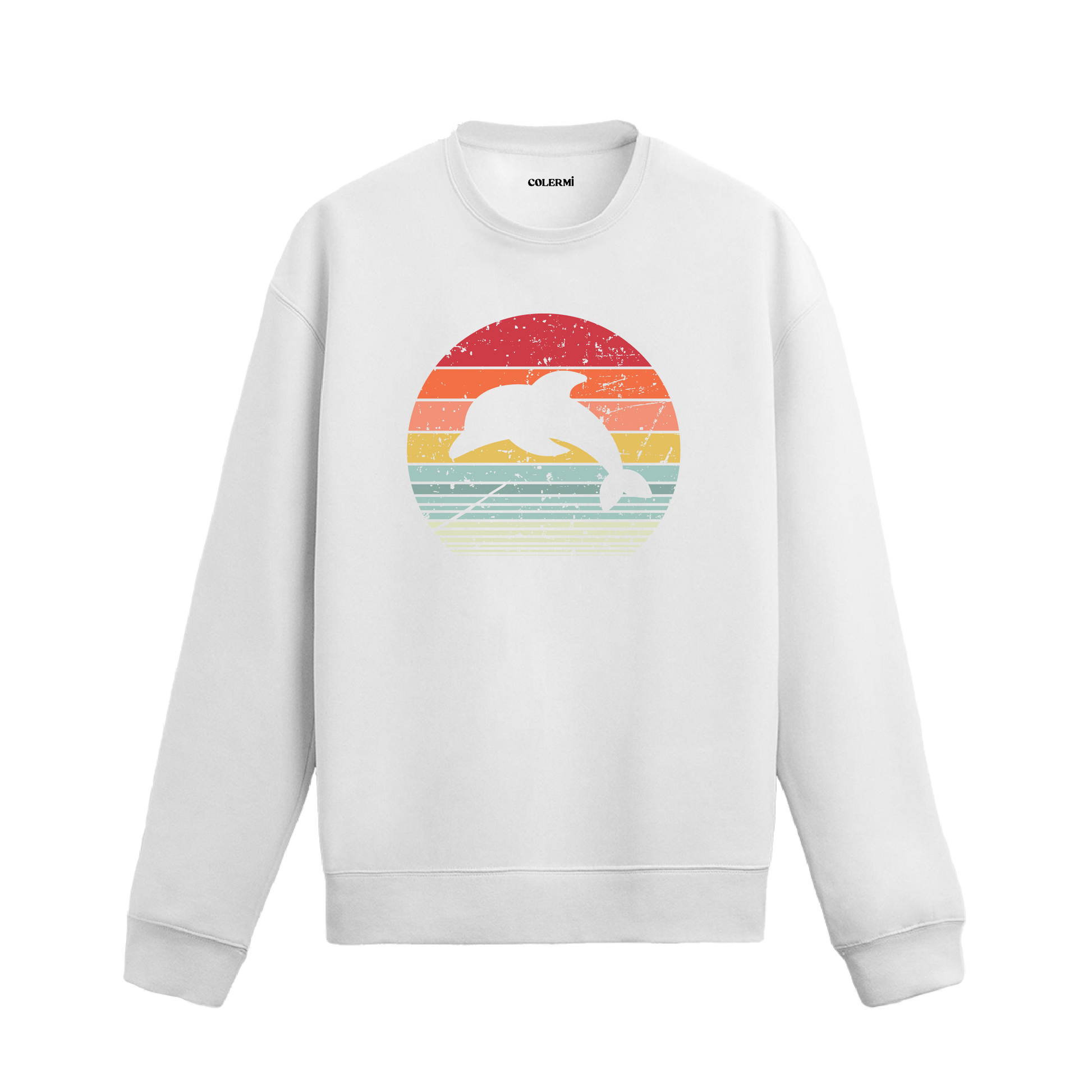 Siyah sweatshirt üzerinde retro tarzda güneş batışı fonunda zıplayan yunus baskısı