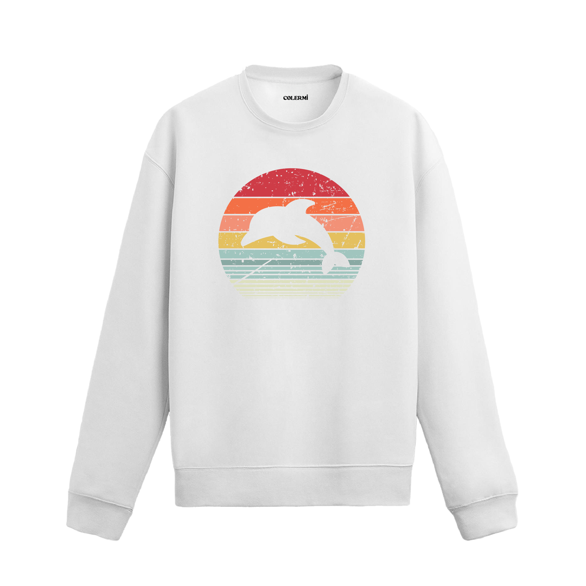 Siyah sweatshirt üzerinde retro tarzda güneş batışı fonunda zıplayan yunus baskısı