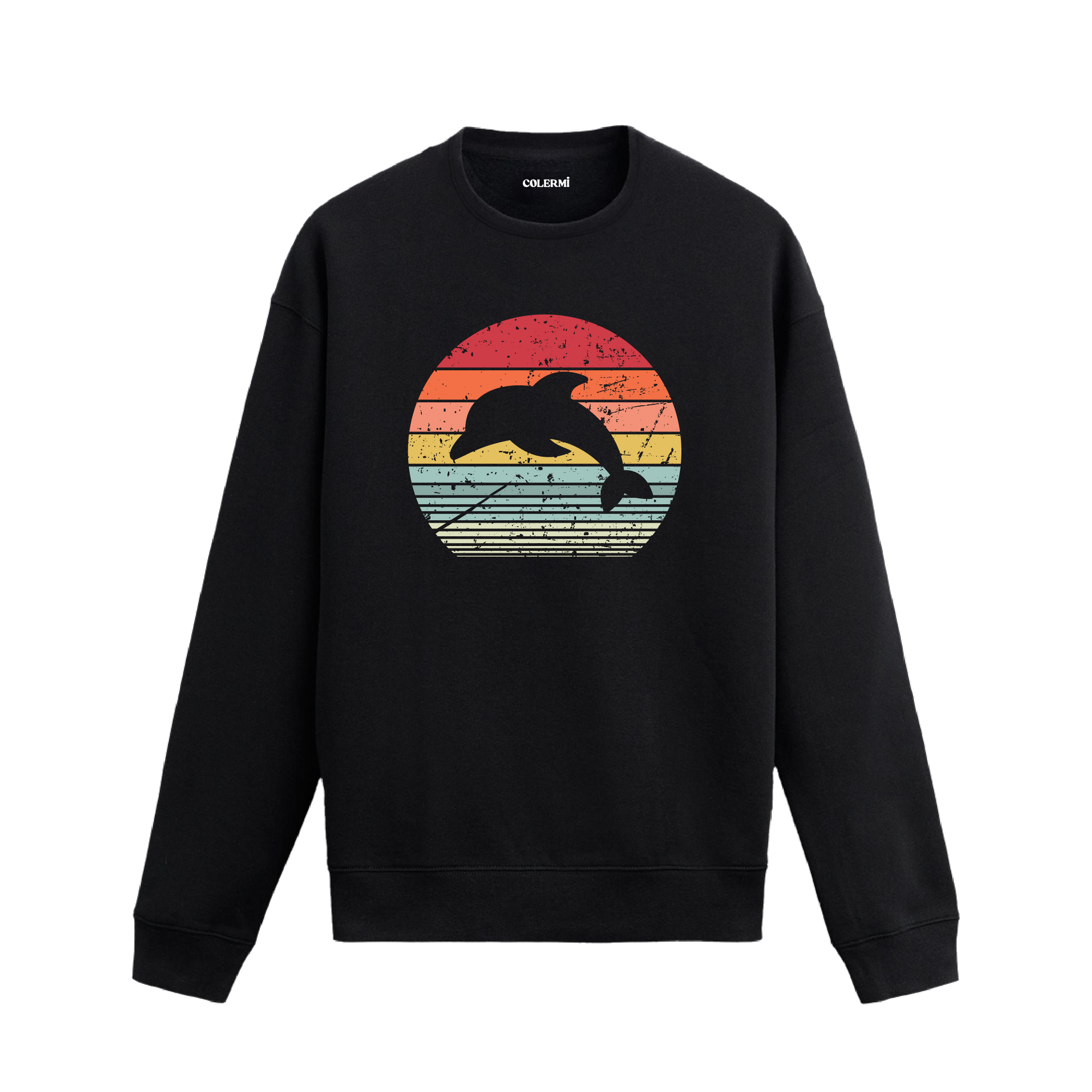 Siyah sweatshirt üzerinde retro tarzda güneş batışı fonunda zıplayan yunus baskısı