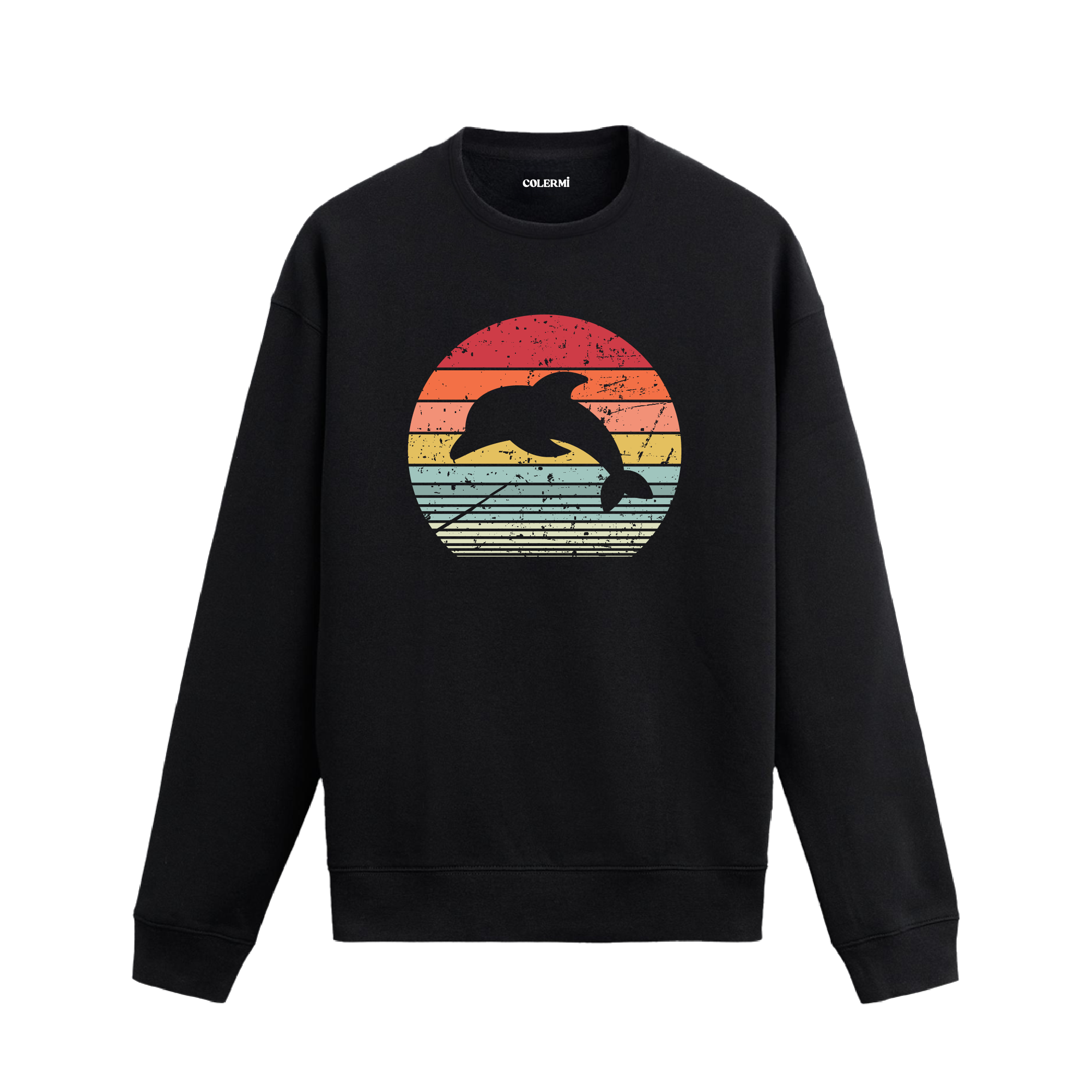 Siyah sweatshirt üzerinde retro tarzda güneş batışı fonunda zıplayan yunus baskısı