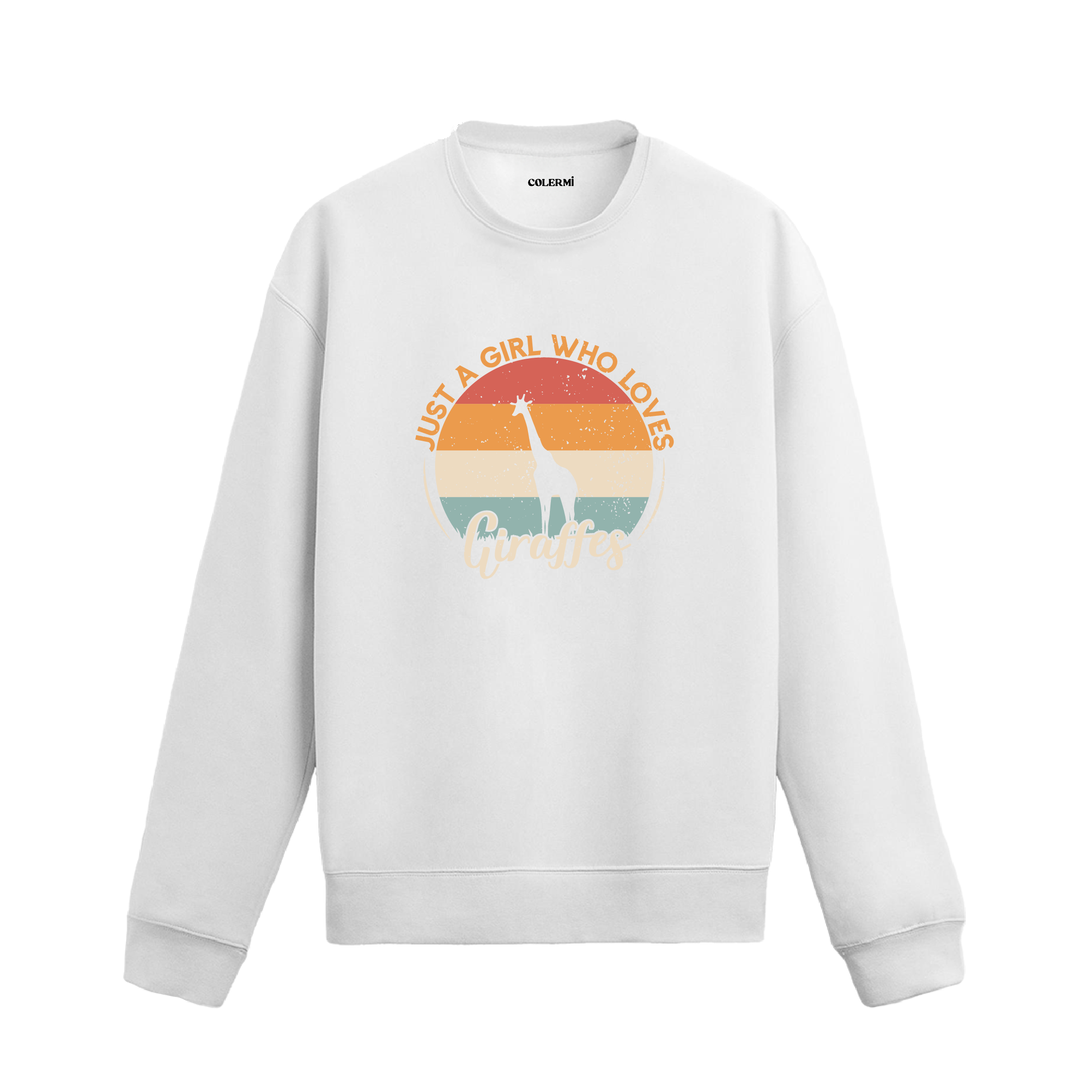 Siyah sweatshirt üzerinde retro güneş batışı fonunda zürafa baskısı