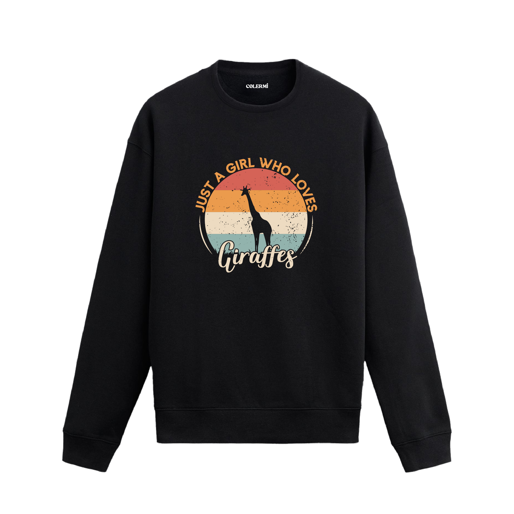 Siyah sweatshirt üzerinde retro güneş batışı fonunda zürafa baskısı