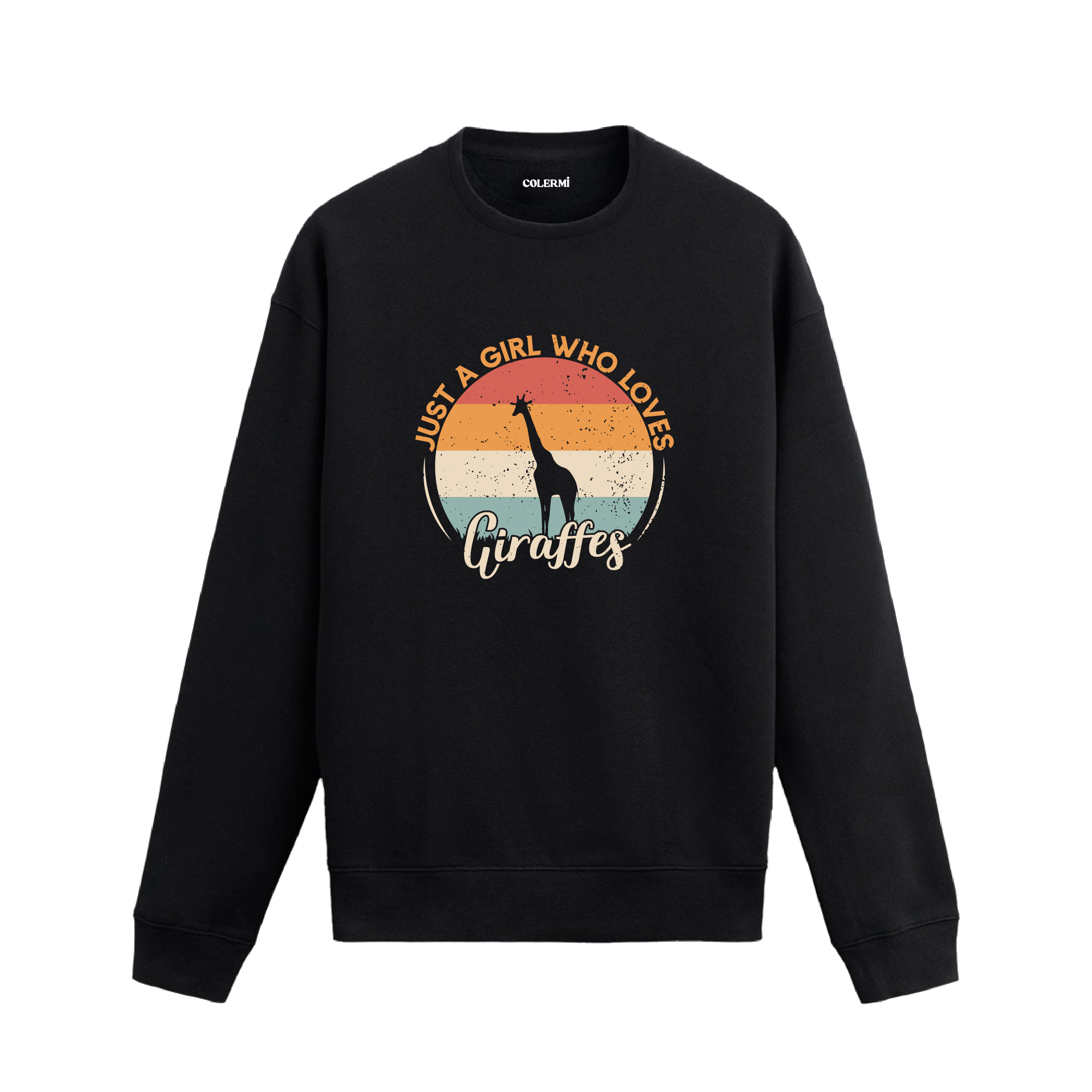 Siyah sweatshirt üzerinde retro güneş batışı fonunda zürafa baskısı