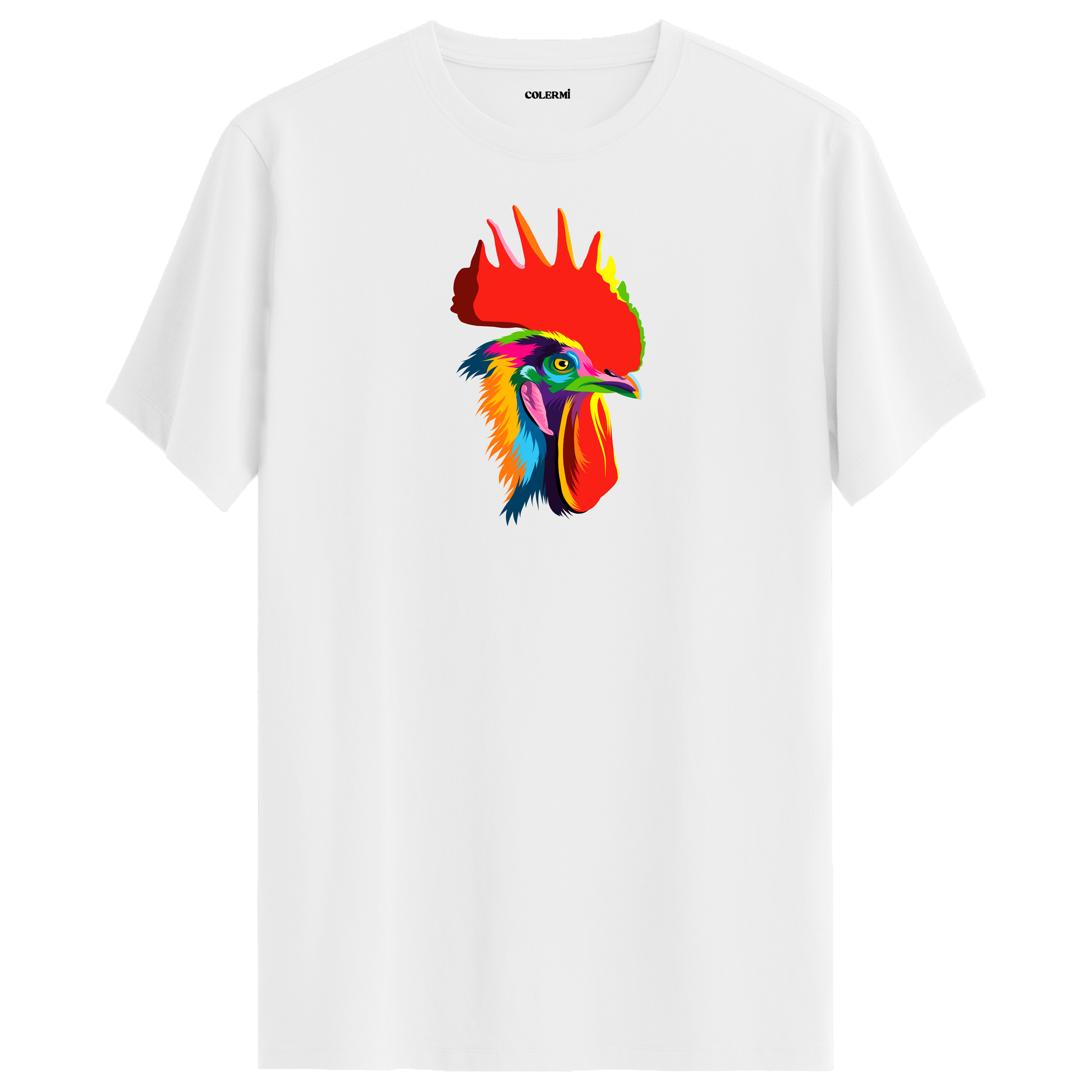 Beyaz tişört üzerinde renkli Rico horoz tasarımı