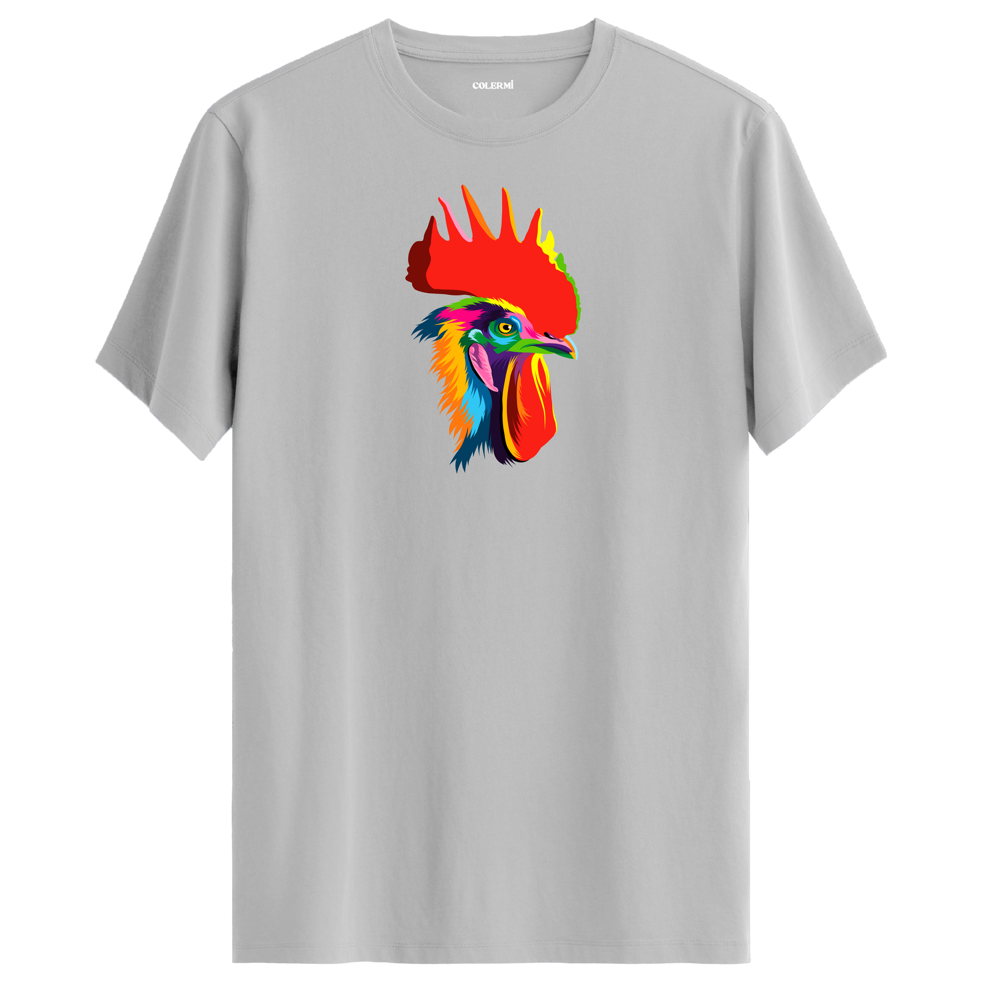 Gri tişört üzerinde renkli Rico horoz tasarımı