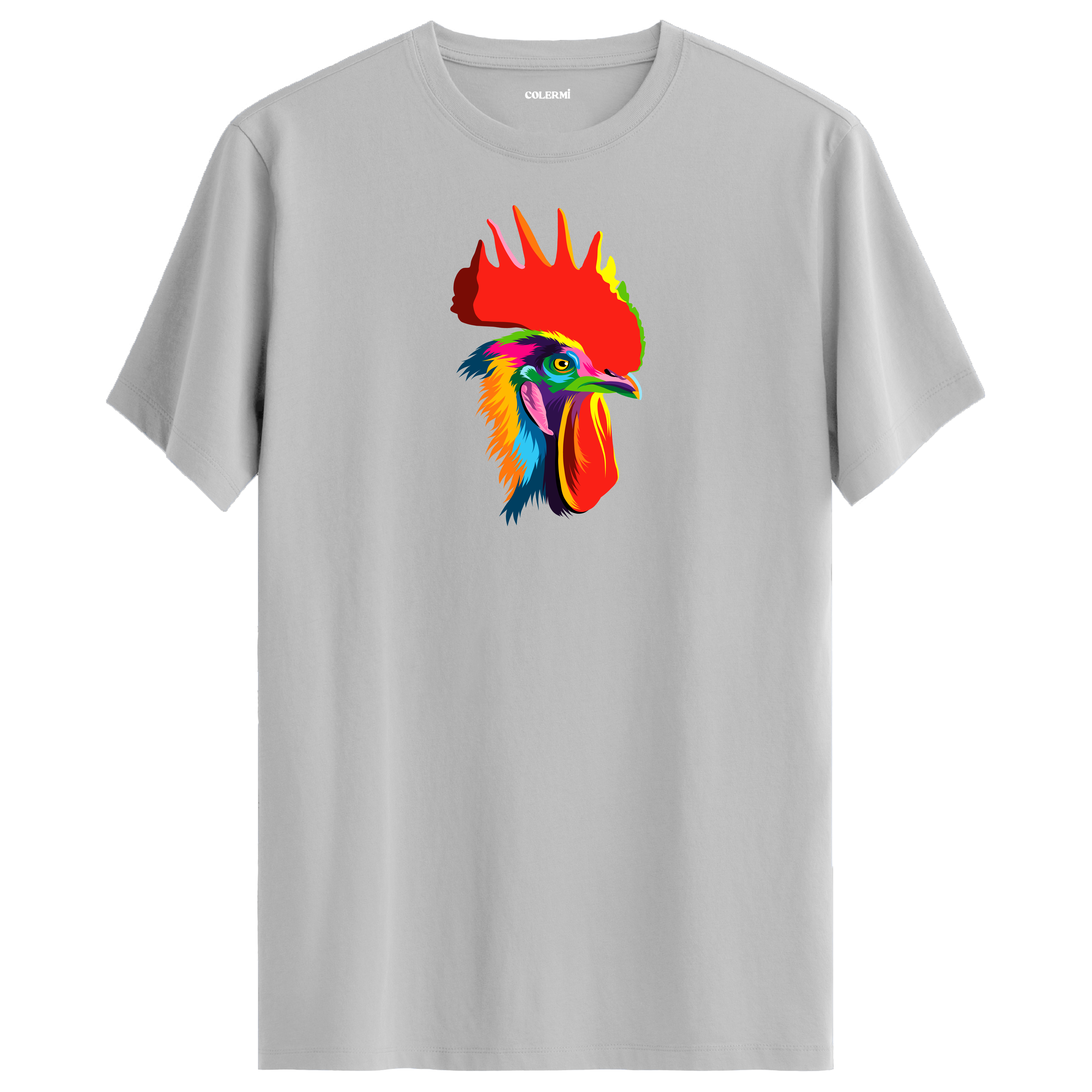 Gri tişört üzerinde renkli Rico horoz tasarımı