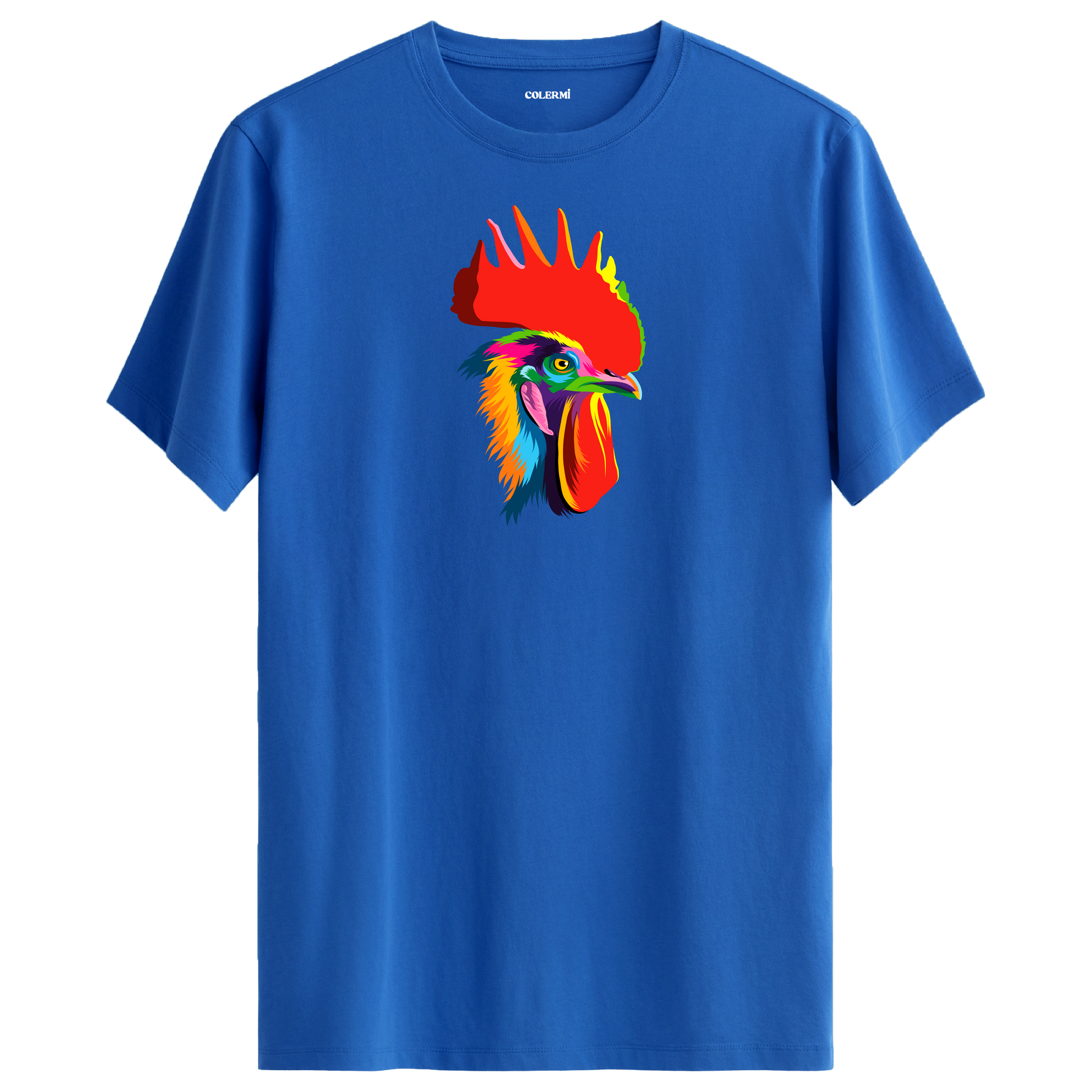 Mavi tişört üzerinde renkli Rico horoz tasarımı