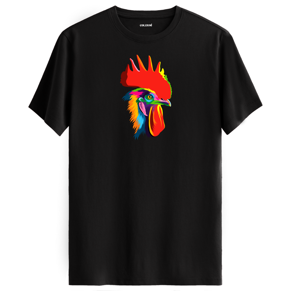 Siyah tişört üzerinde renkli Rico horoz tasarımı