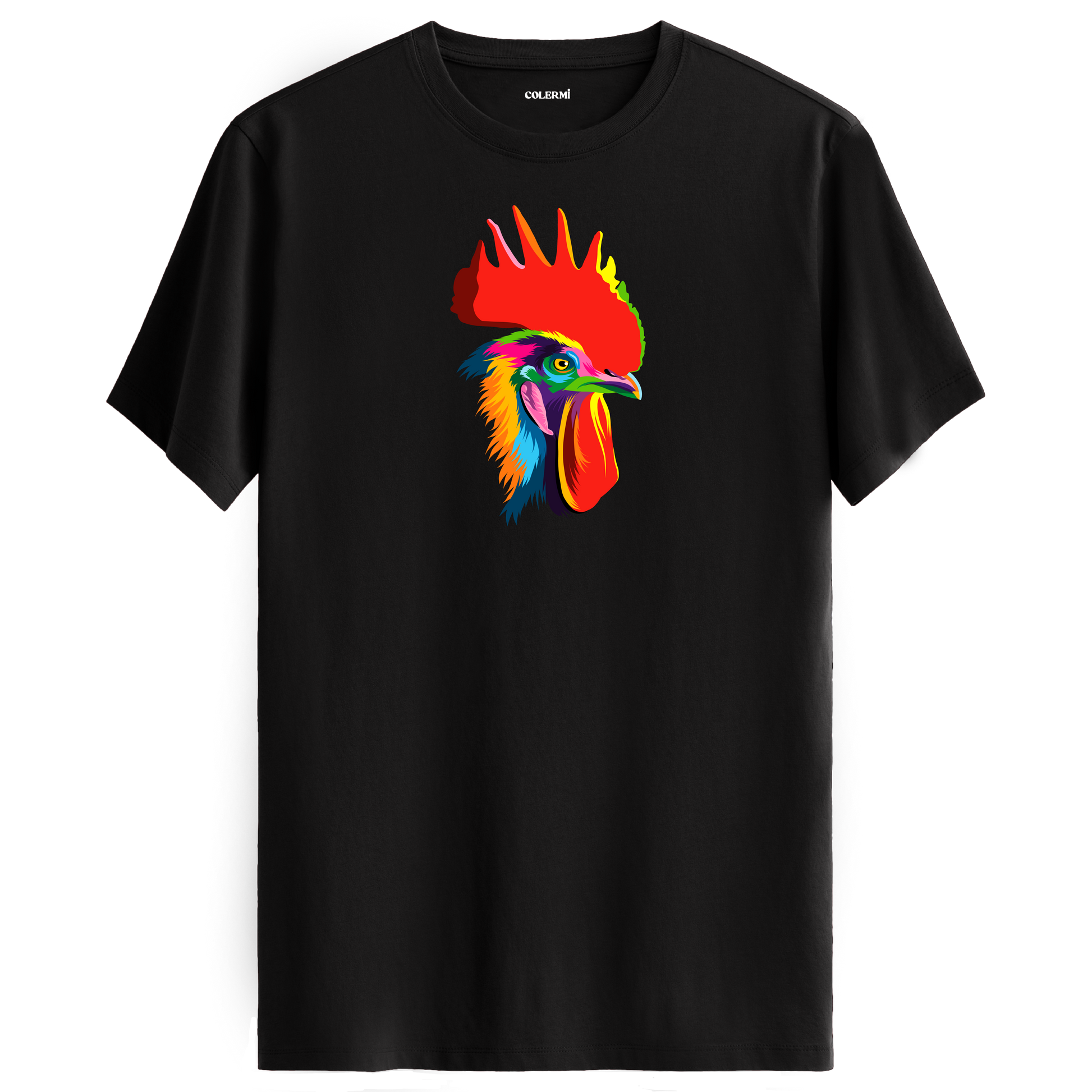 Siyah tişört üzerinde renkli Rico horoz tasarımı