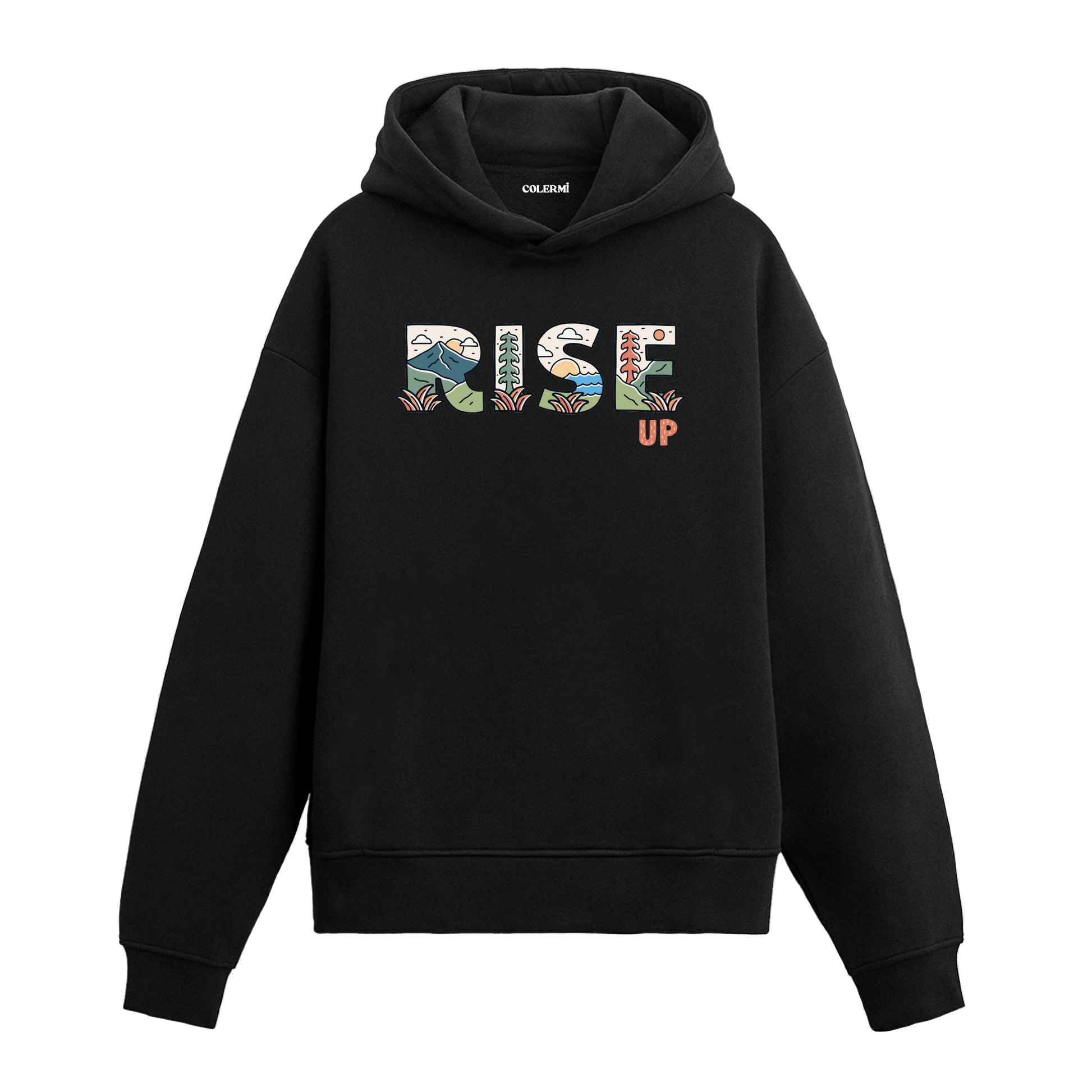 Siyah hoodie üzerinde Rise Up doğa tasarımı
