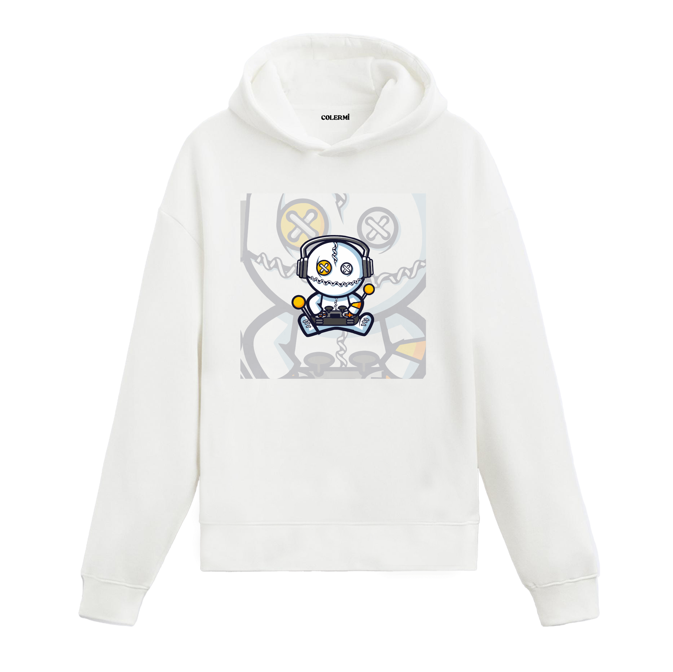 Beyaz robot baskılı hoodie, kulaklık takmış oyun konsolu figürü, %100 pamuk hoodie