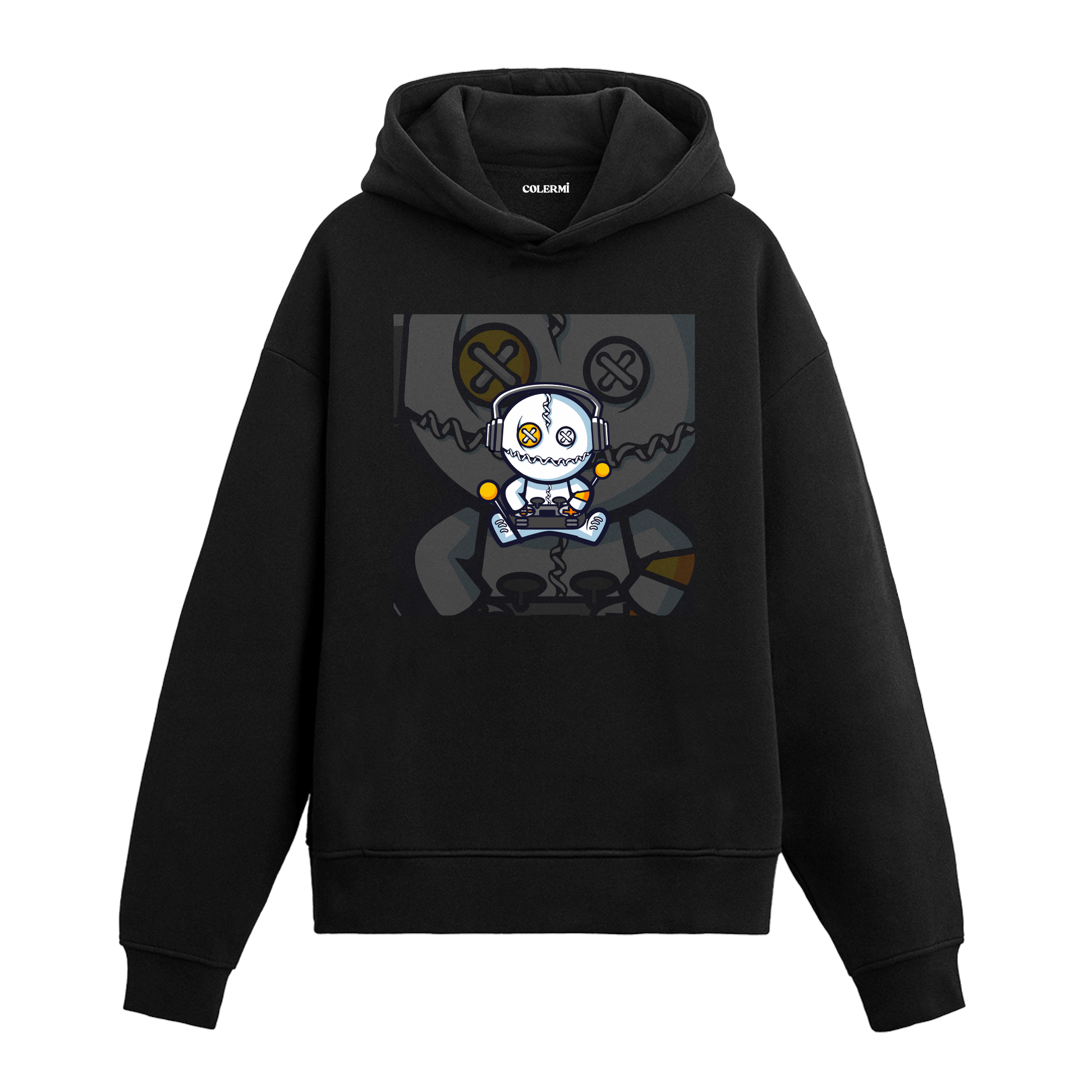 Siyah robot baskılı hoodie, oyun konsolu tutan kulaklıklı tasarım, pamuklu unisex hoodie