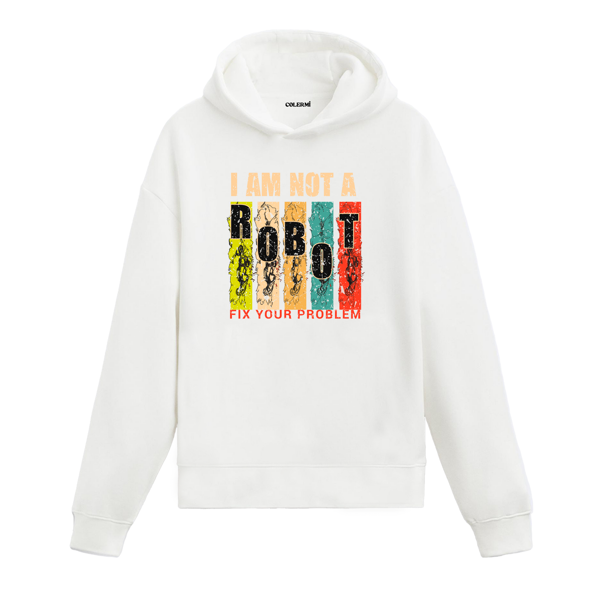 Beyaz I Am Not A Robot yazı baskılı hoodie, pamuklu, unisex hoodie