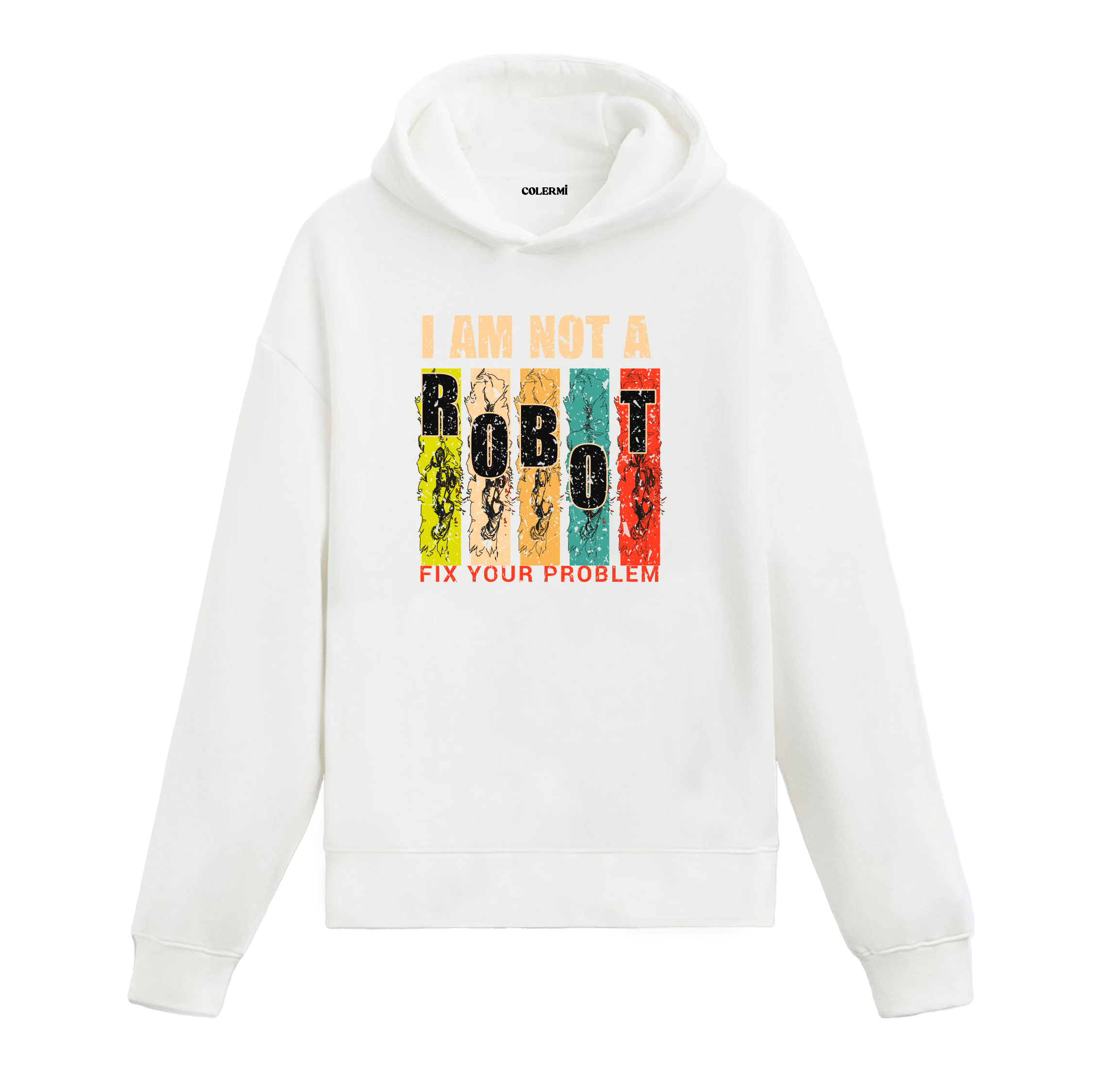 Beyaz I Am Not A Robot yazı baskılı hoodie, pamuklu, unisex hoodie