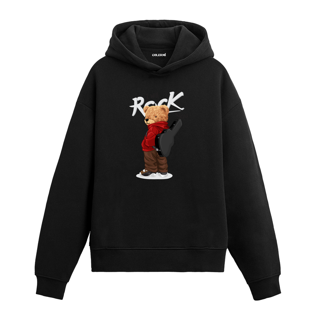 Gitar kılıfını sırtında taşıyan rock tarzı ayıcık figürlü hoodie tasarımı.