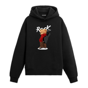 Gitar kılıfını sırtında taşıyan rock tarzı ayıcık figürlü hoodie tasarımı.