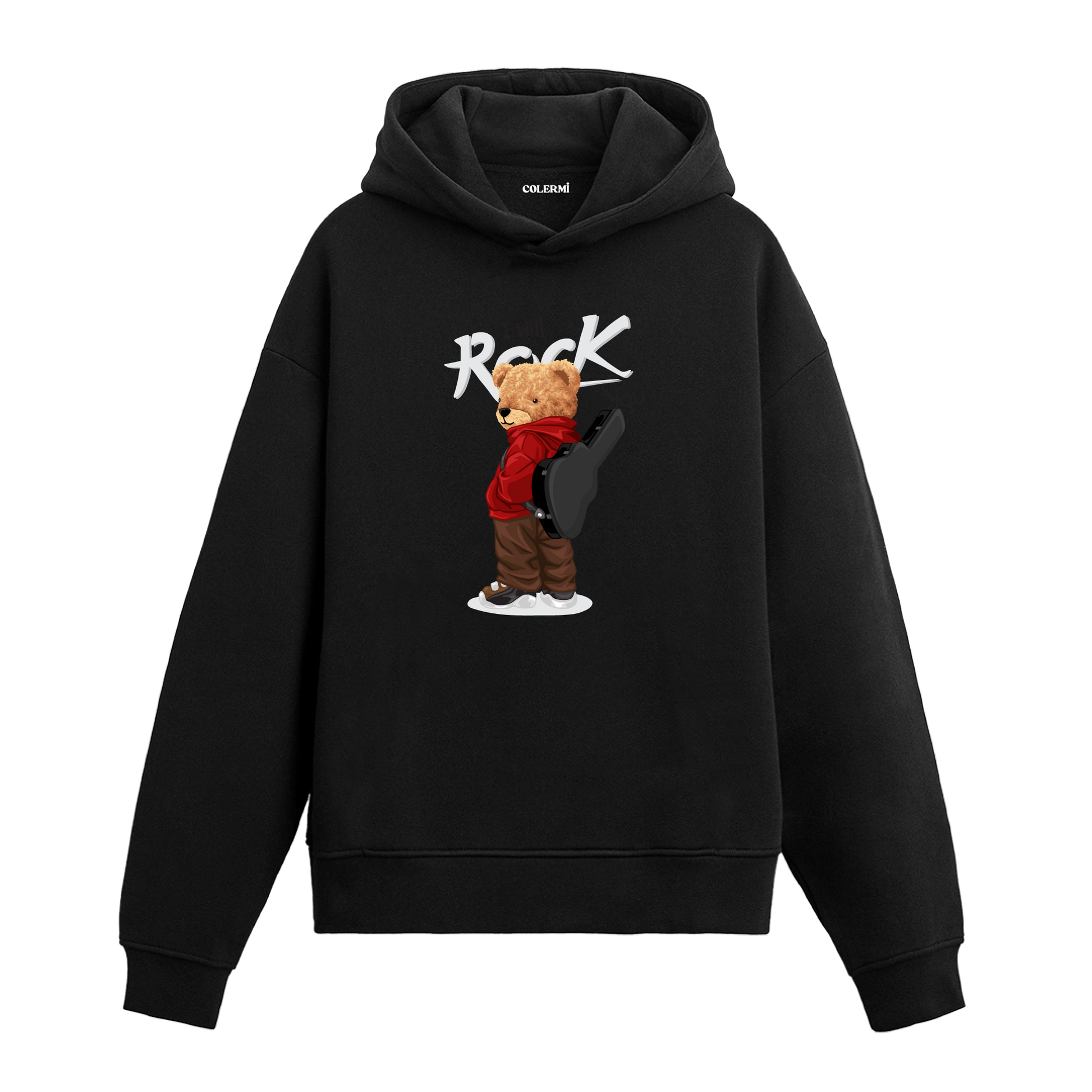 Gitar kılıfını sırtında taşıyan rock tarzı ayıcık figürlü hoodie tasarımı.