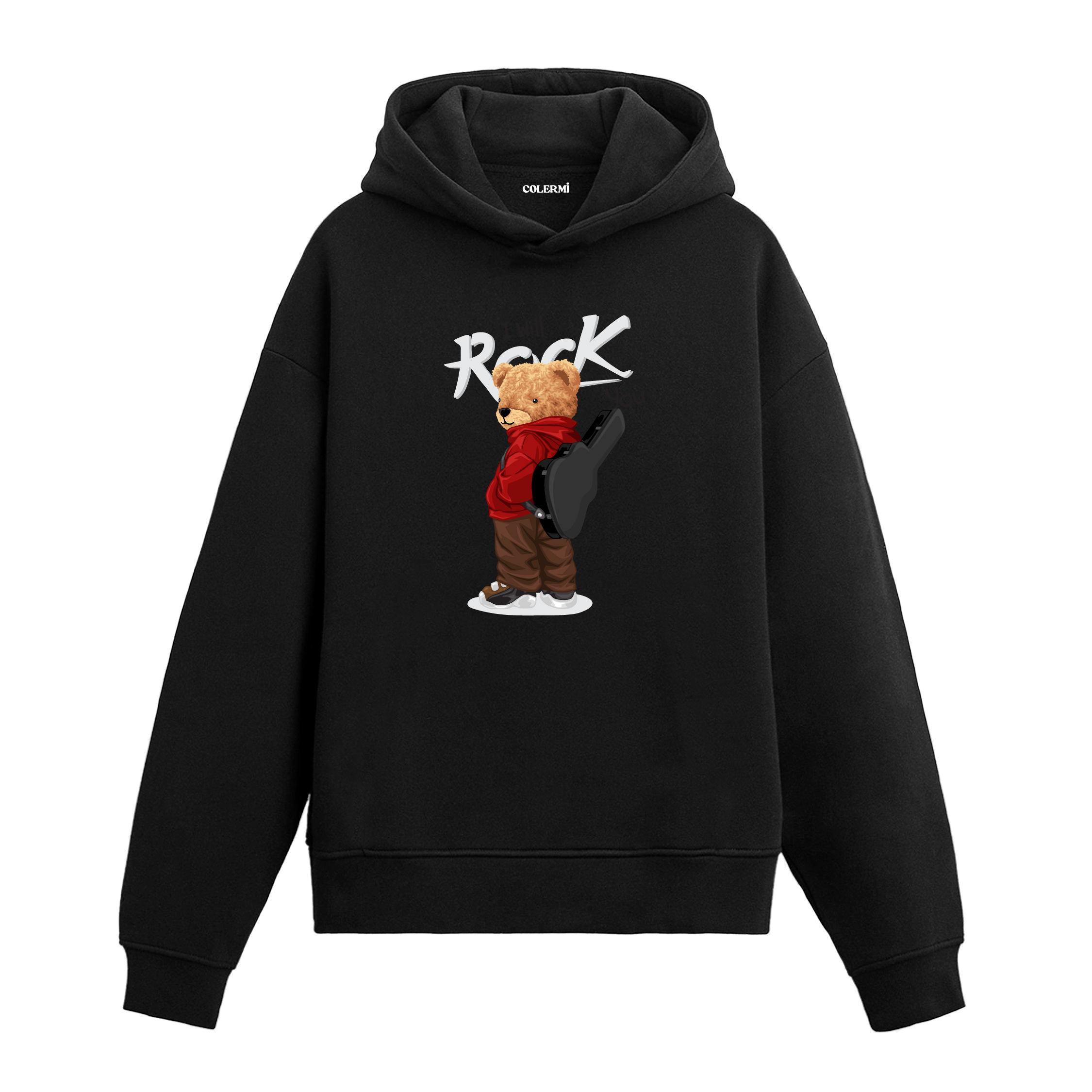 Gitar kılıfını sırtında taşıyan rock tarzı ayıcık figürlü hoodie tasarımı.