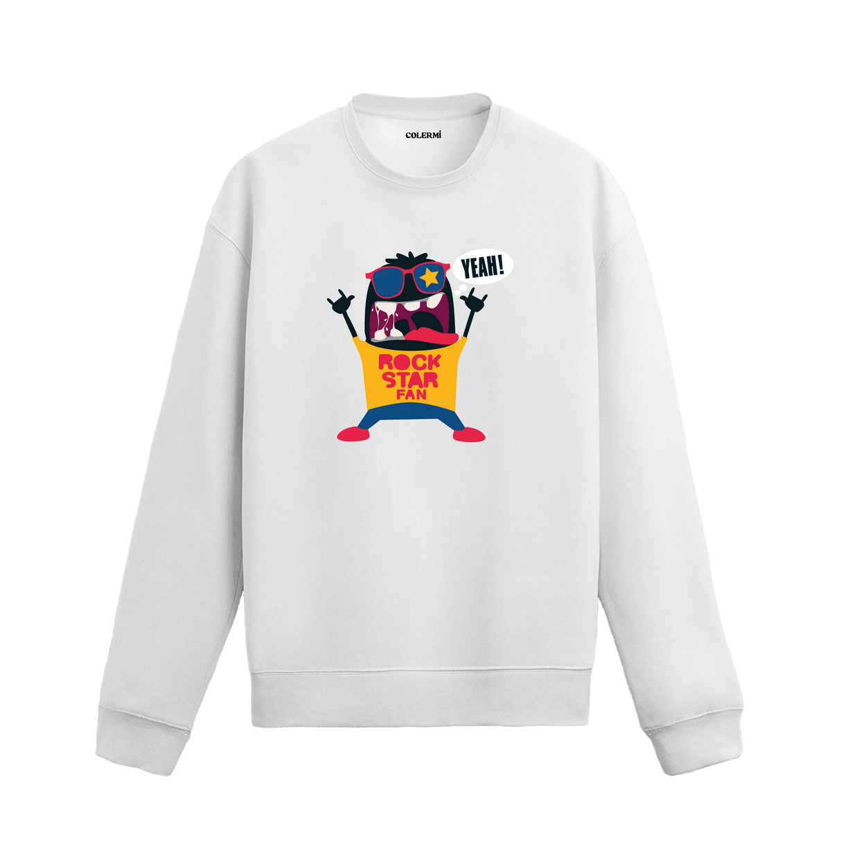 Beyaz sweatshirt üzerinde rockstar karakter tasarımı