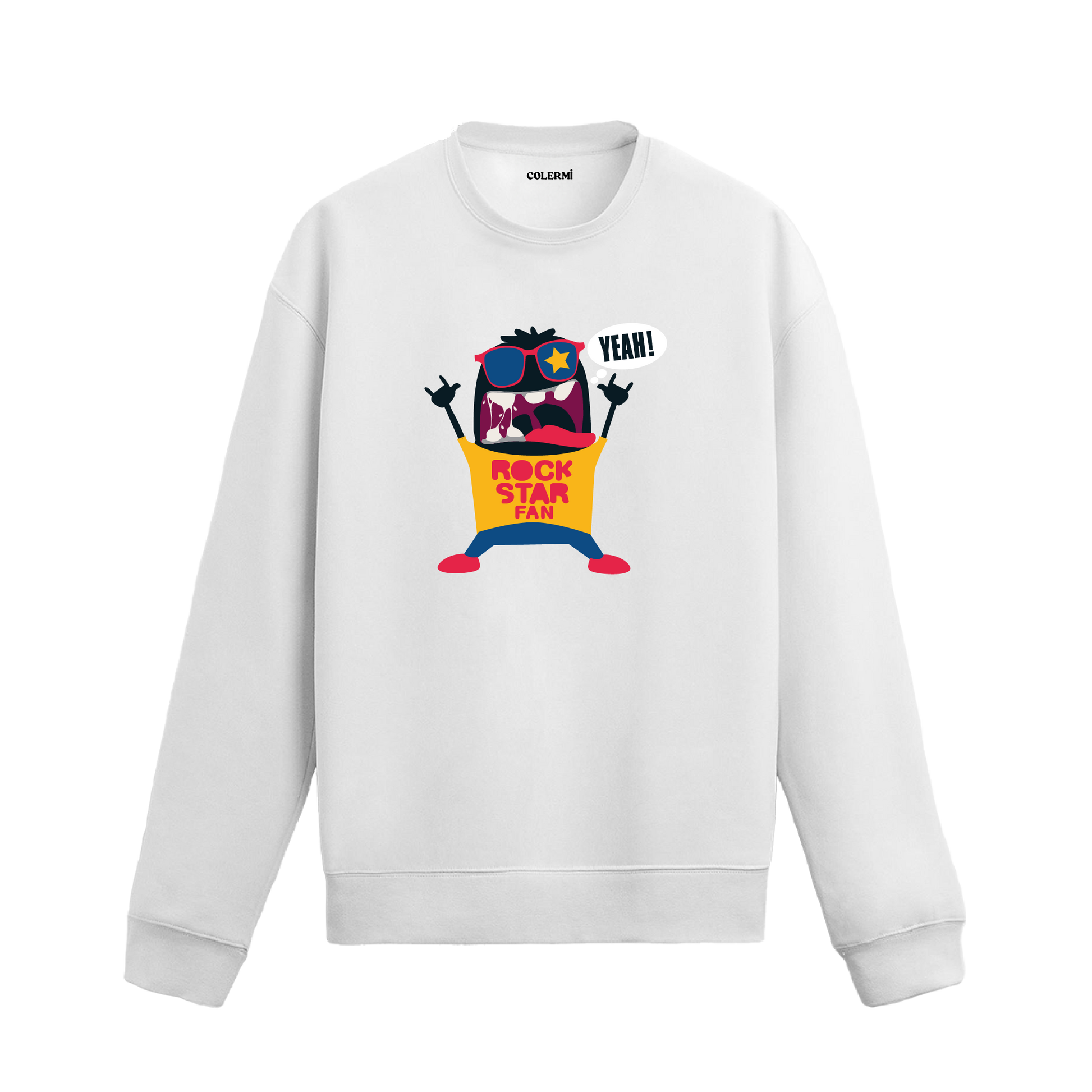 Beyaz sweatshirt üzerinde rockstar karakter tasarımı