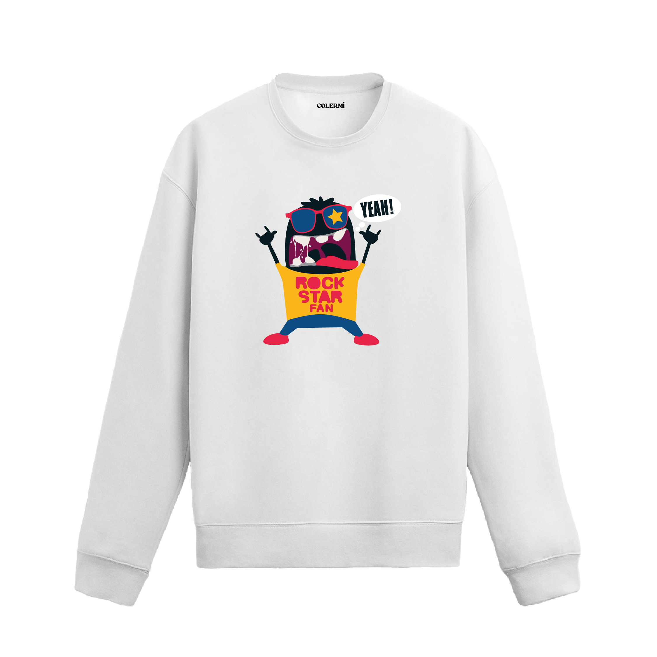 Beyaz sweatshirt üzerinde rockstar karakter tasarımı