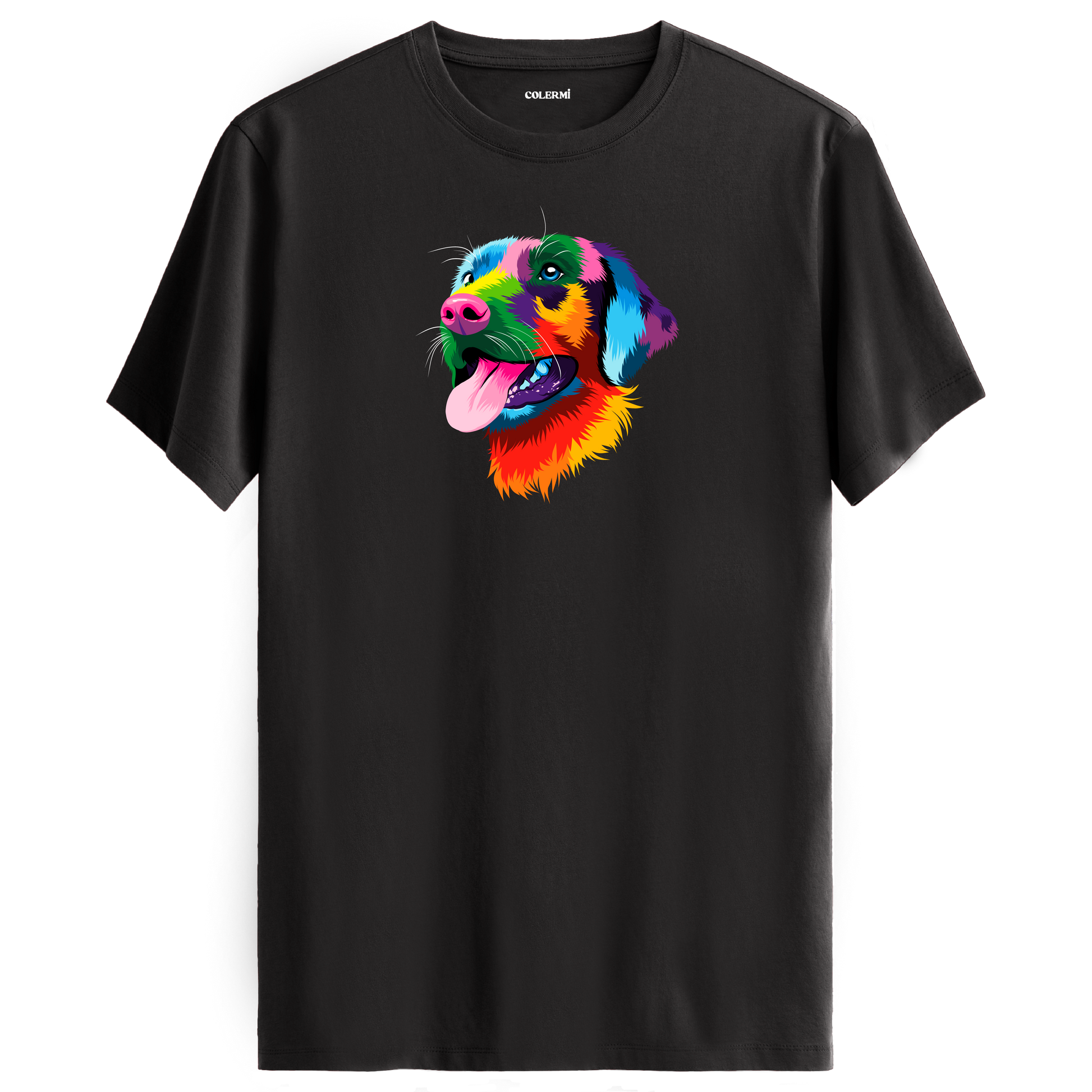 Antrasit tişört üzerinde renkli Rocky Labrador köpek tasarımı