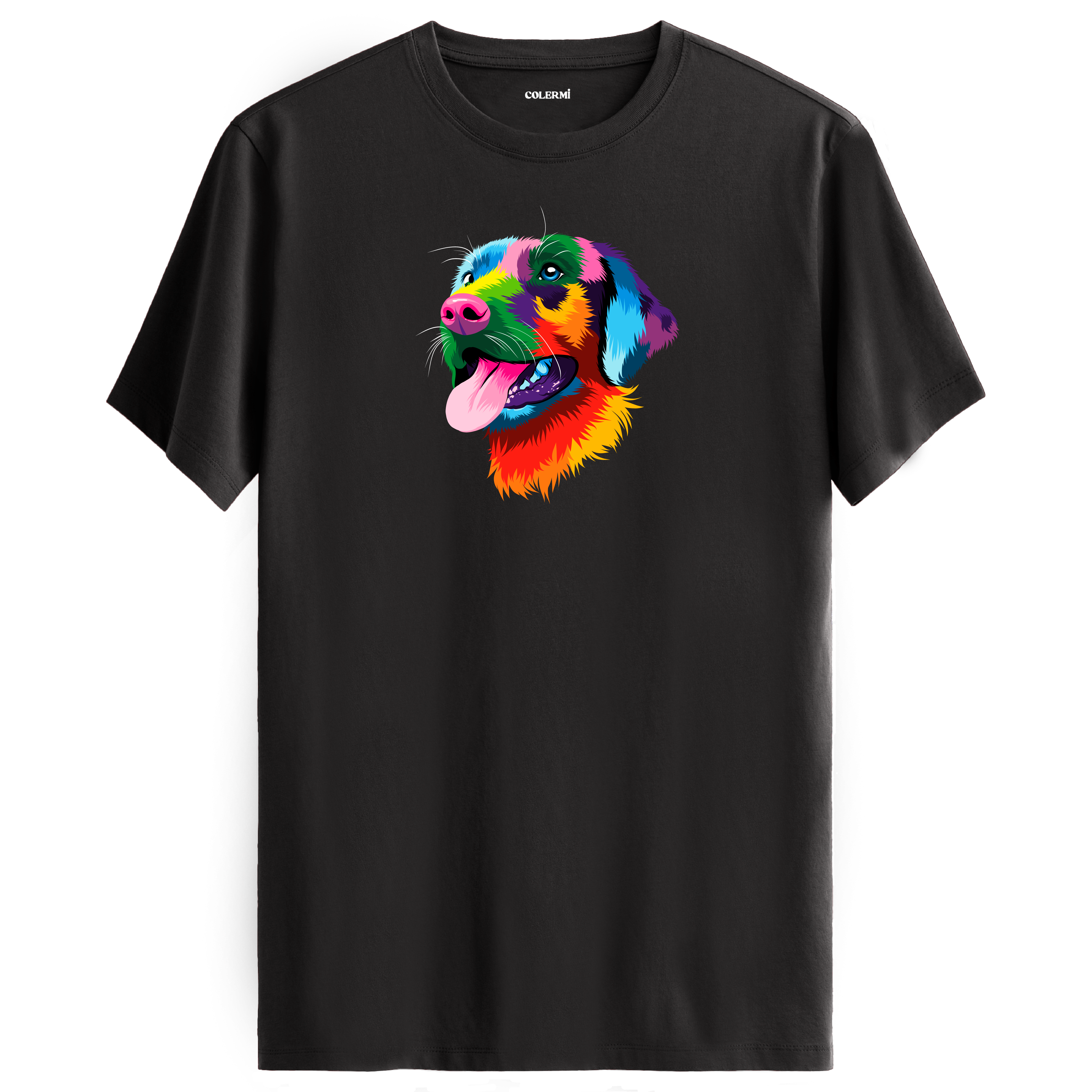 Antrasit tişört üzerinde renkli Rocky Labrador köpek tasarımı