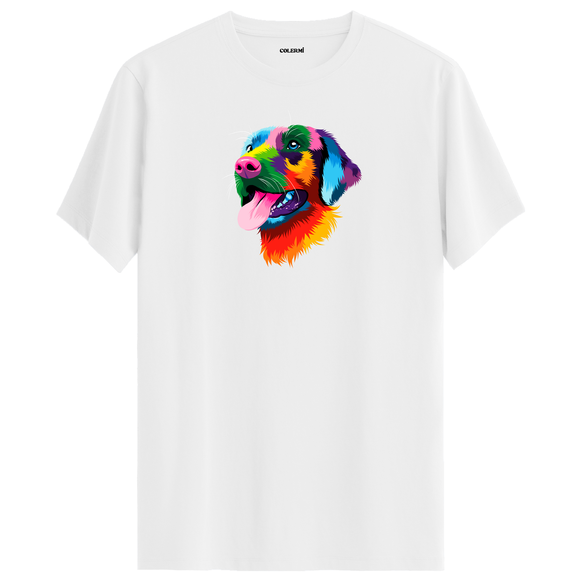 Beyaz tişört üzerinde renkli Rocky Labrador köpek tasarımı