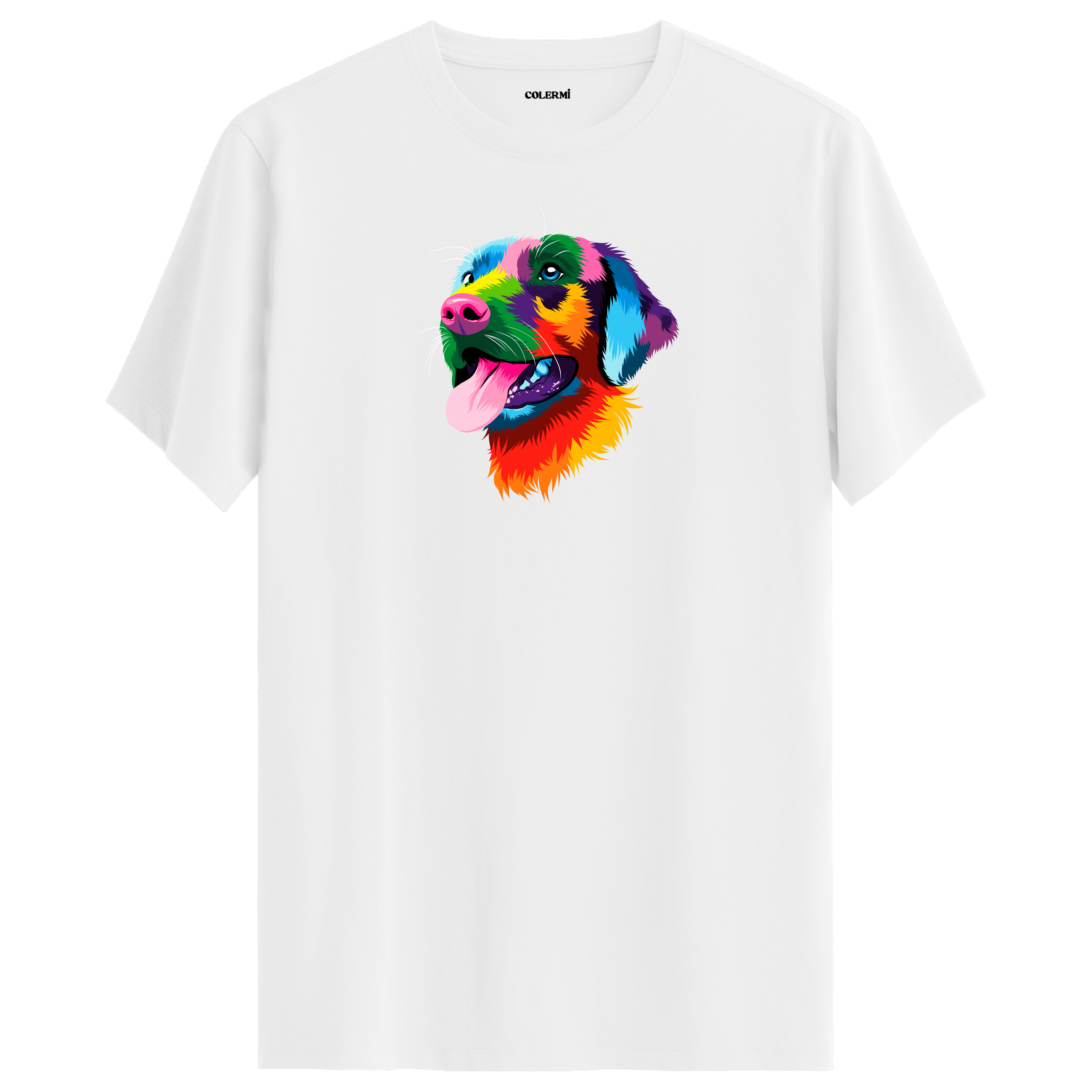 Beyaz tişört üzerinde renkli Rocky Labrador köpek tasarımı