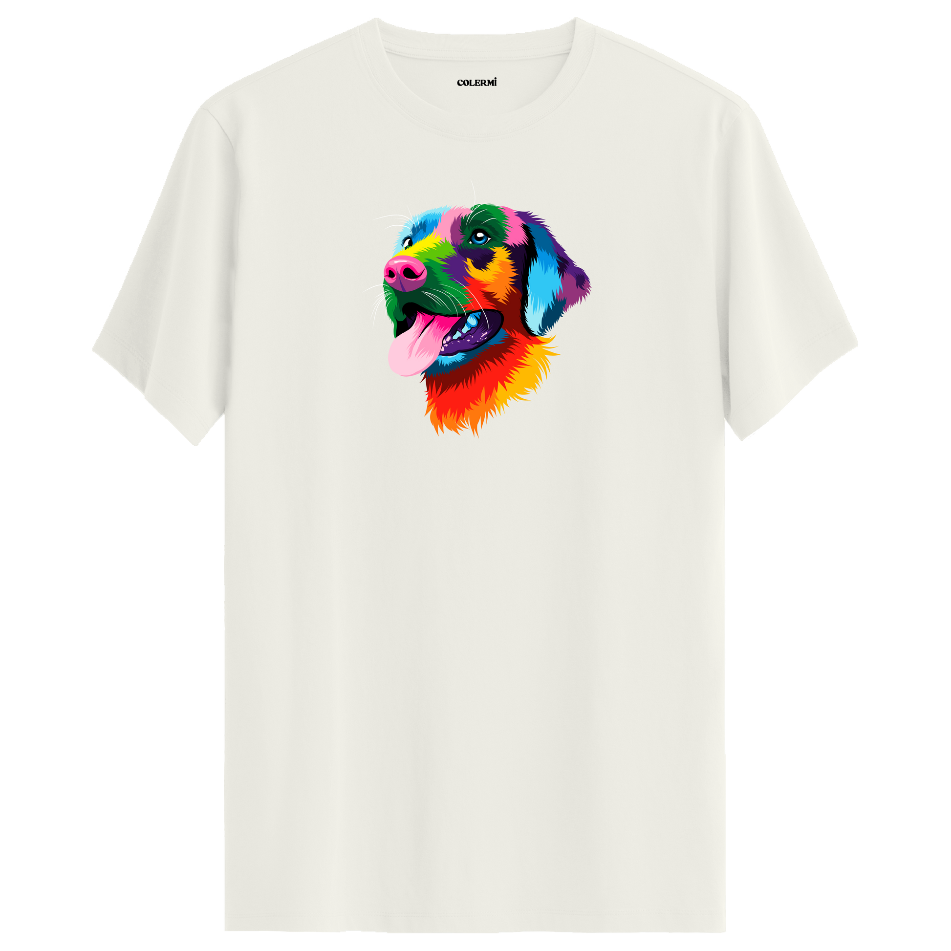 Ekru tişört üzerinde renkli Rocky Labrador köpek tasarımı