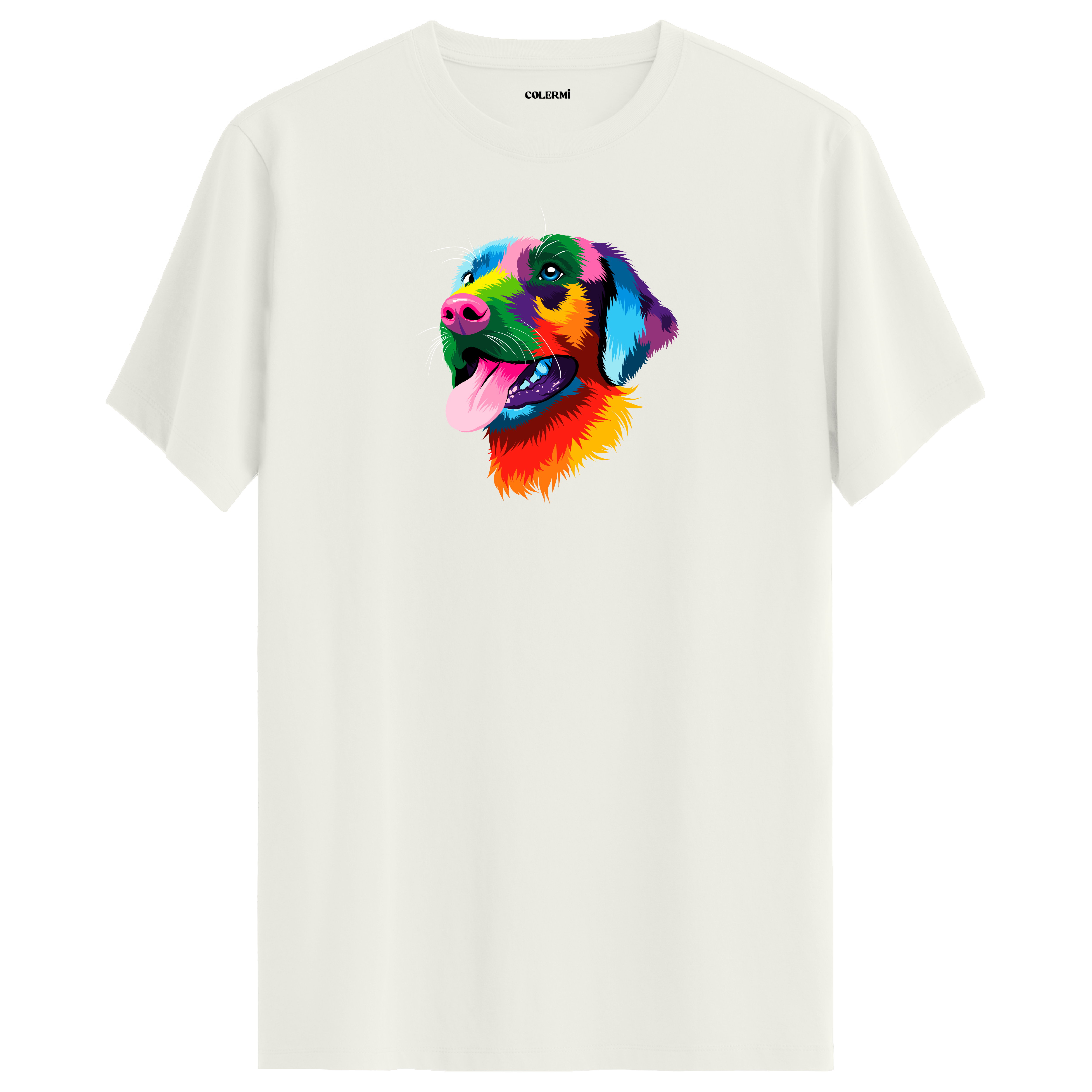 Ekru tişört üzerinde renkli Rocky Labrador köpek tasarımı