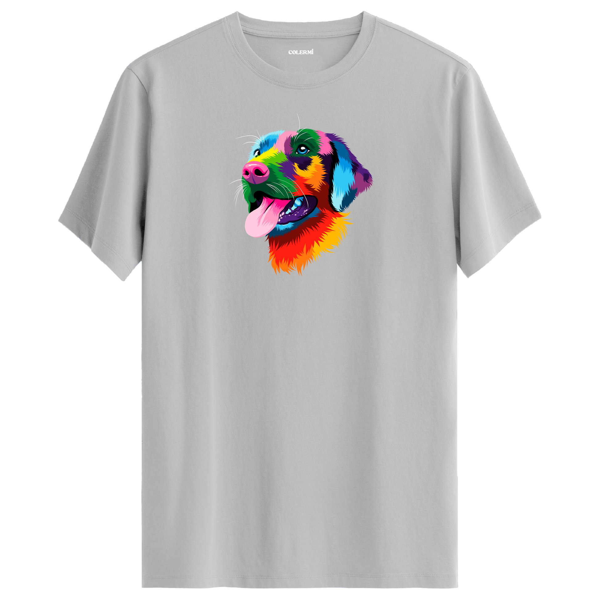 Gri tişört üzerinde renkli Rocky Labrador köpek tasarımı