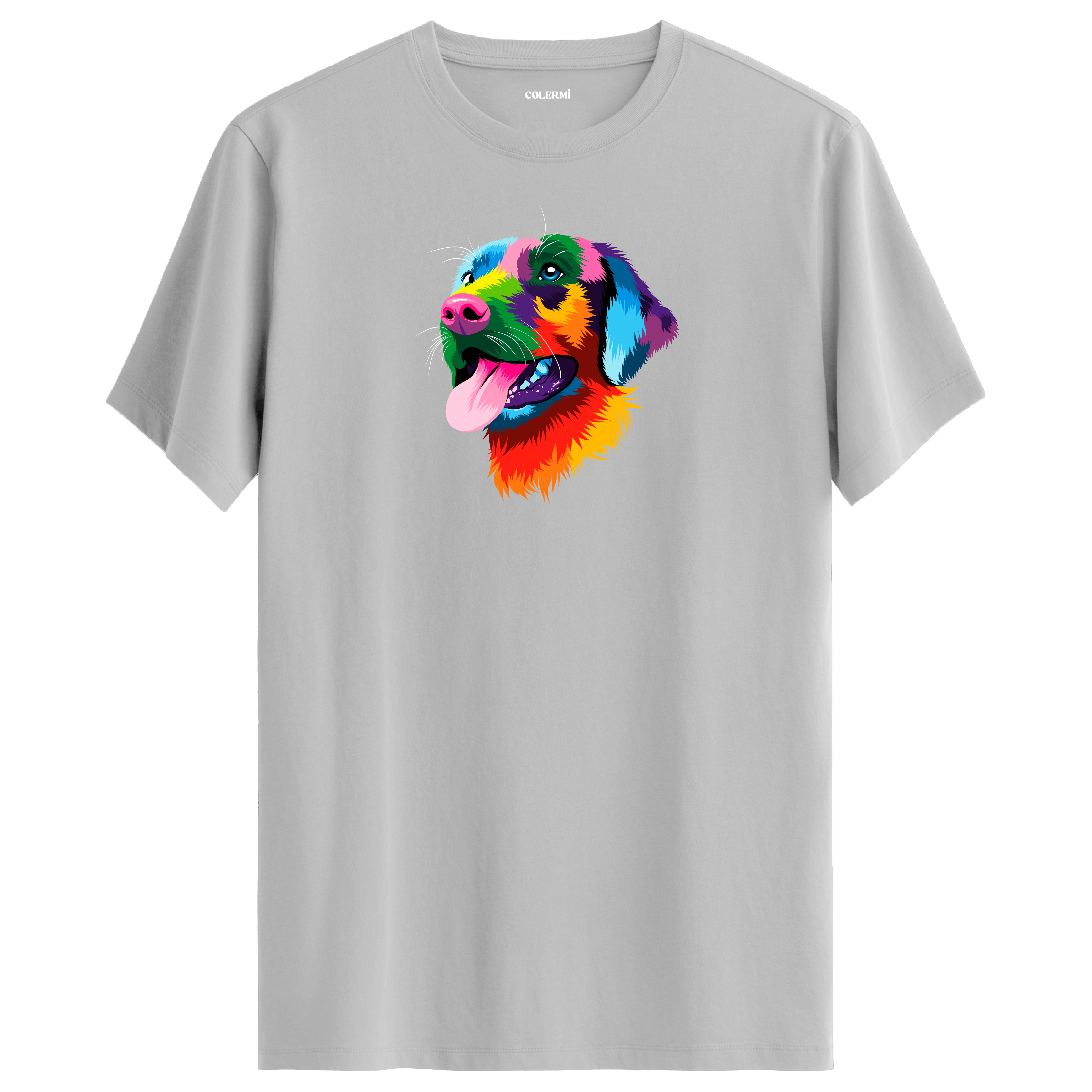 Gri tişört üzerinde renkli Rocky Labrador köpek tasarımı