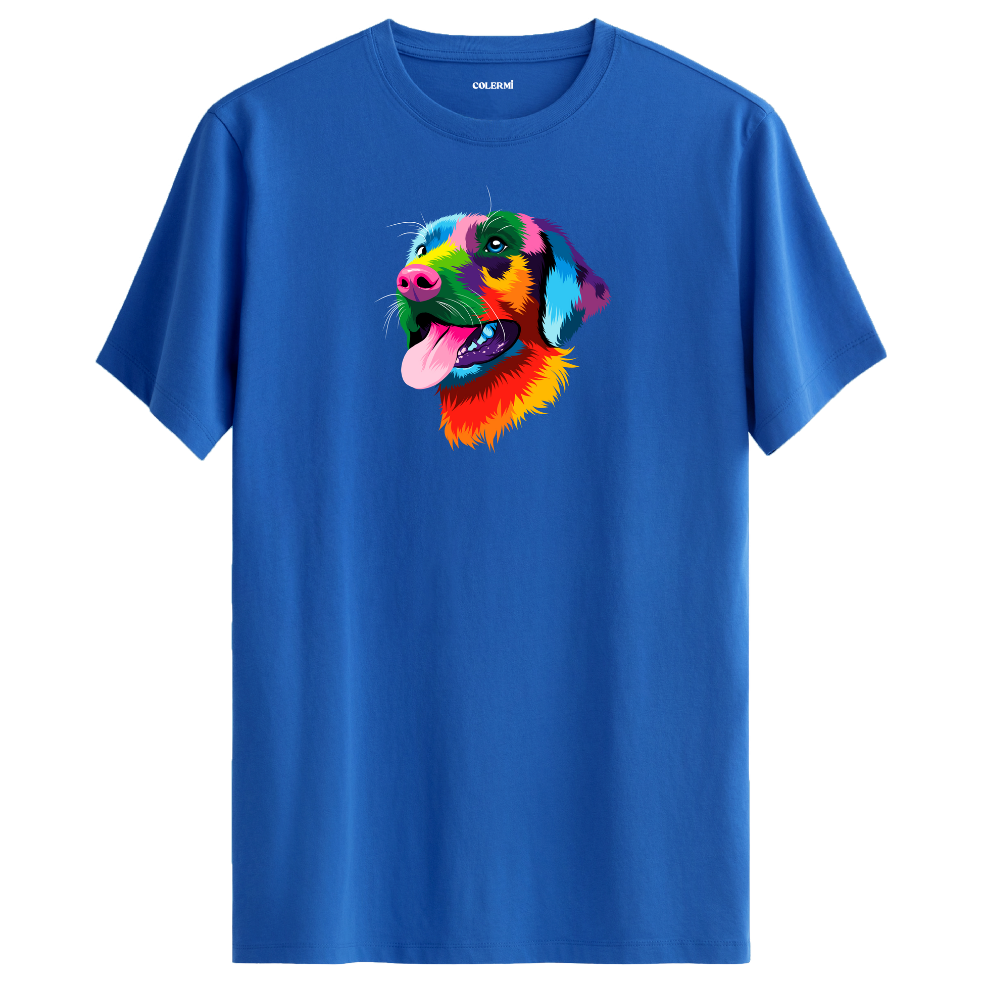 Mavi tişört üzerinde renkli Rocky Labrador köpek tasarımı
