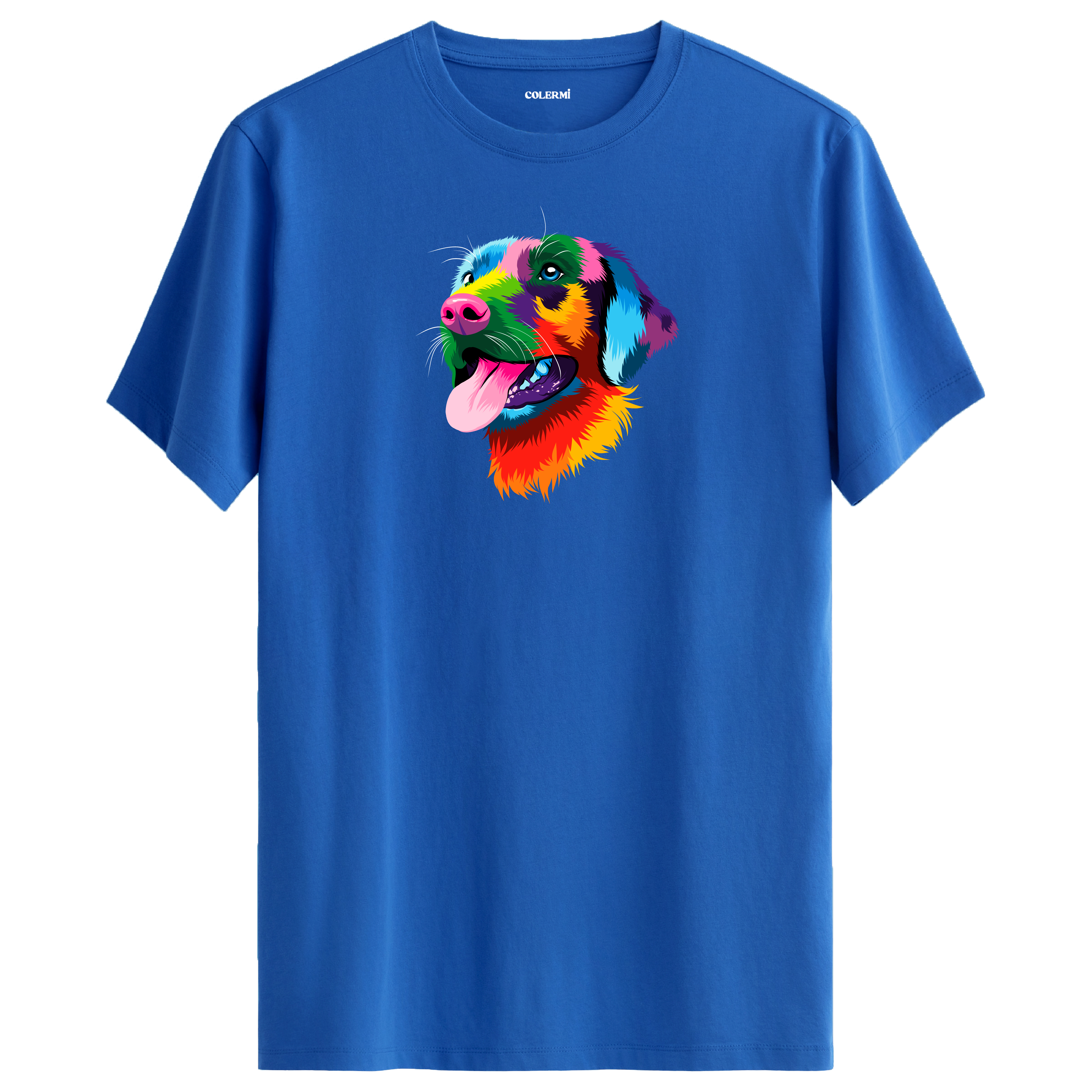 Mavi tişört üzerinde renkli Rocky Labrador köpek tasarımı