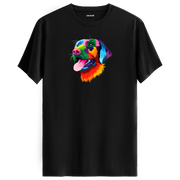 Siyah tişört üzerinde renkli Rocky Labrador köpek tasarımı