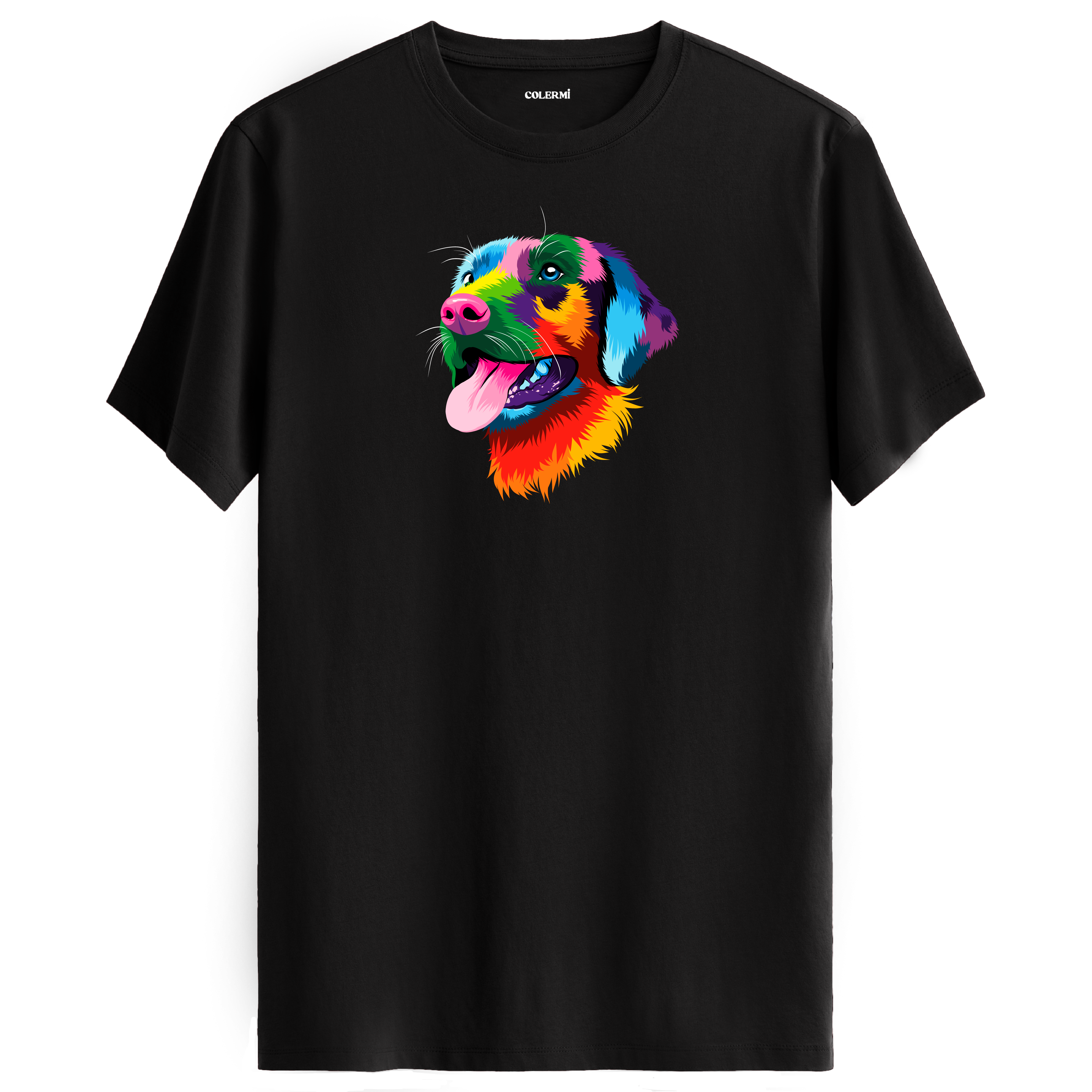 Siyah tişört üzerinde renkli Rocky Labrador köpek tasarımı