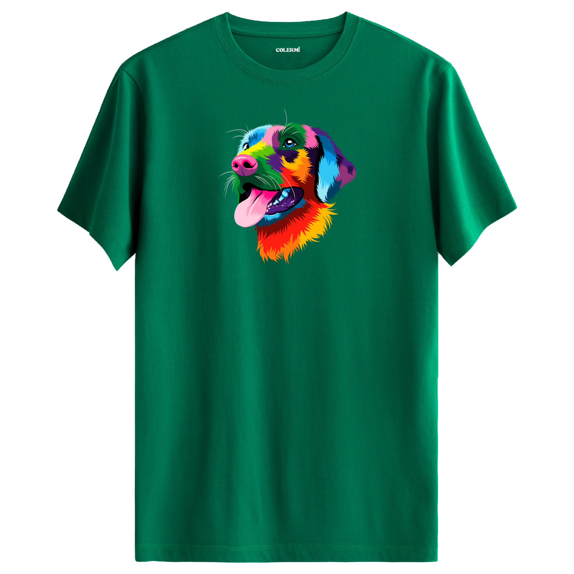 Yeşil tişört üzerinde renkli Rocky Labrador köpek tasarımı