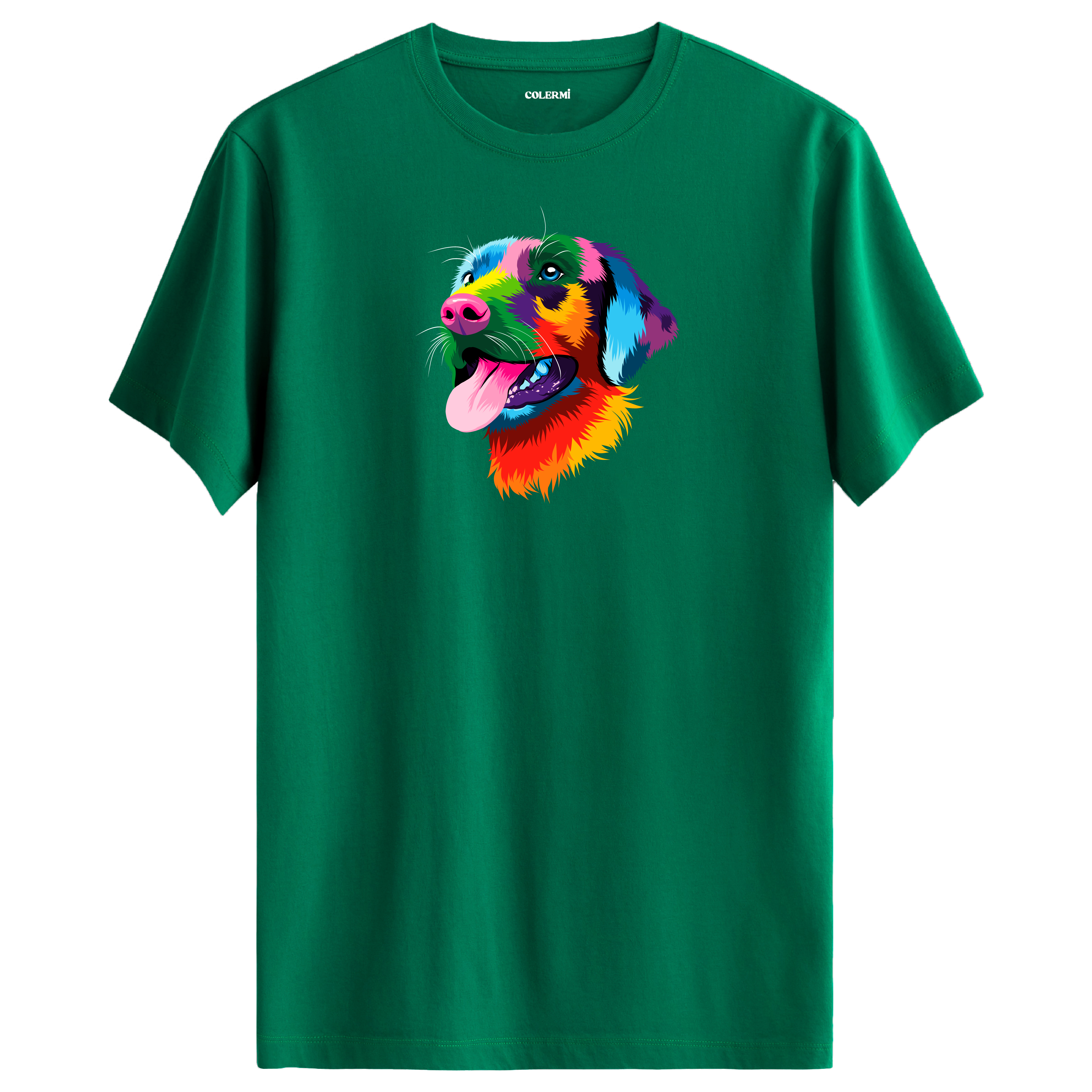 Yeşil tişört üzerinde renkli Rocky Labrador köpek tasarımı