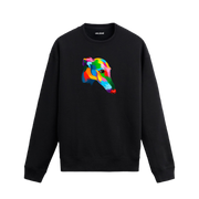 Siyah sweatshirt üzerinde renkli Greyhound köpeği baskısı