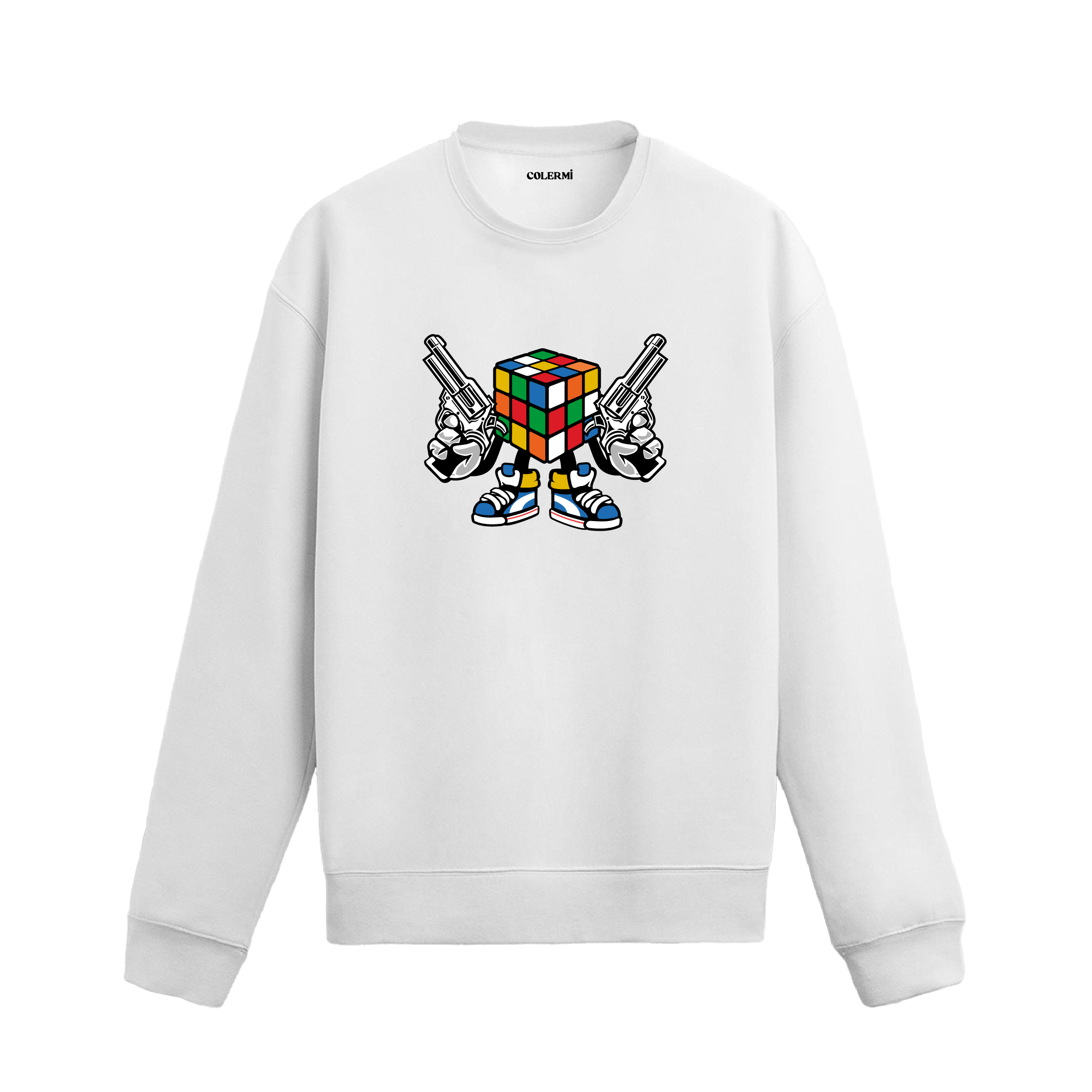 beyaz sweatshirt üzerinde Rubik küp karakter tasarımı